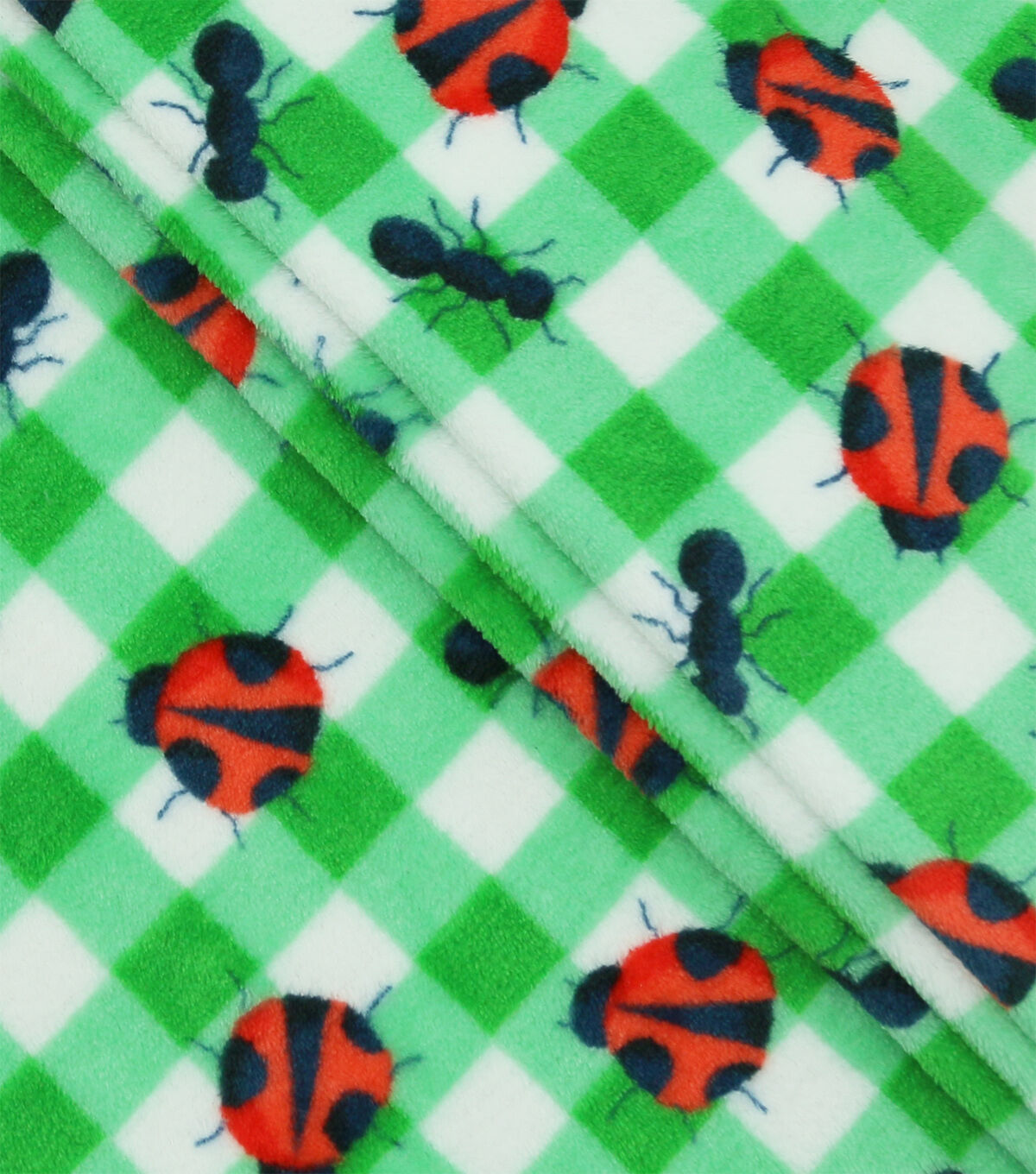 Spring Bugs On Green & White Gingham Sew Lush Fleece Fabric
