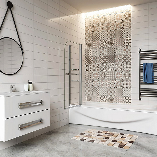 Pare baignoire chromé pivotante L.120 x 140 cm avec 2 étagères - 6mm verre sécurité - solution pratique, élégante
