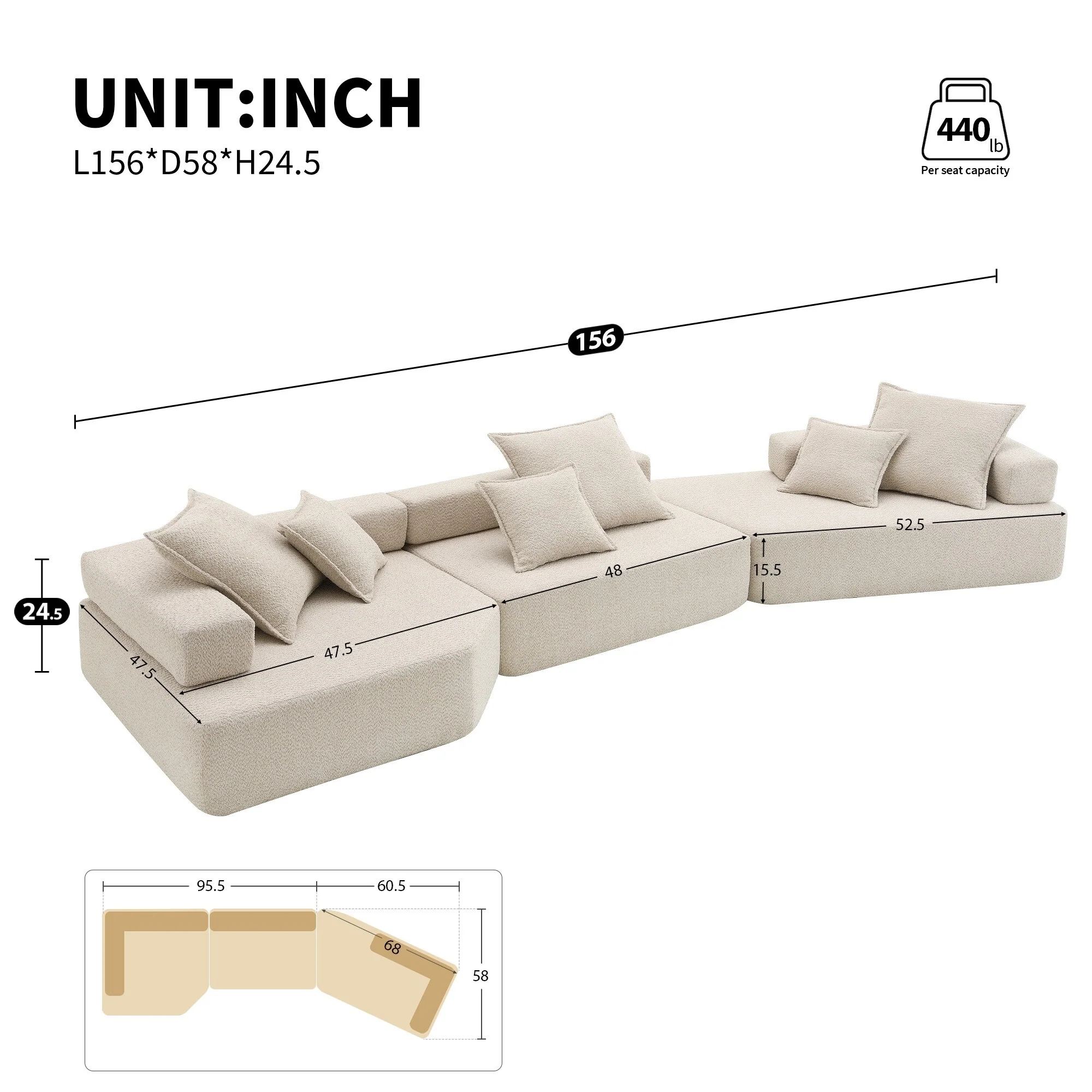 Oversized Sectional Sofa,Boucle Floor Couch Set,Convertible Compressed Couch,Spacious Foam-Filled Sofa,3 PC Free Combination
