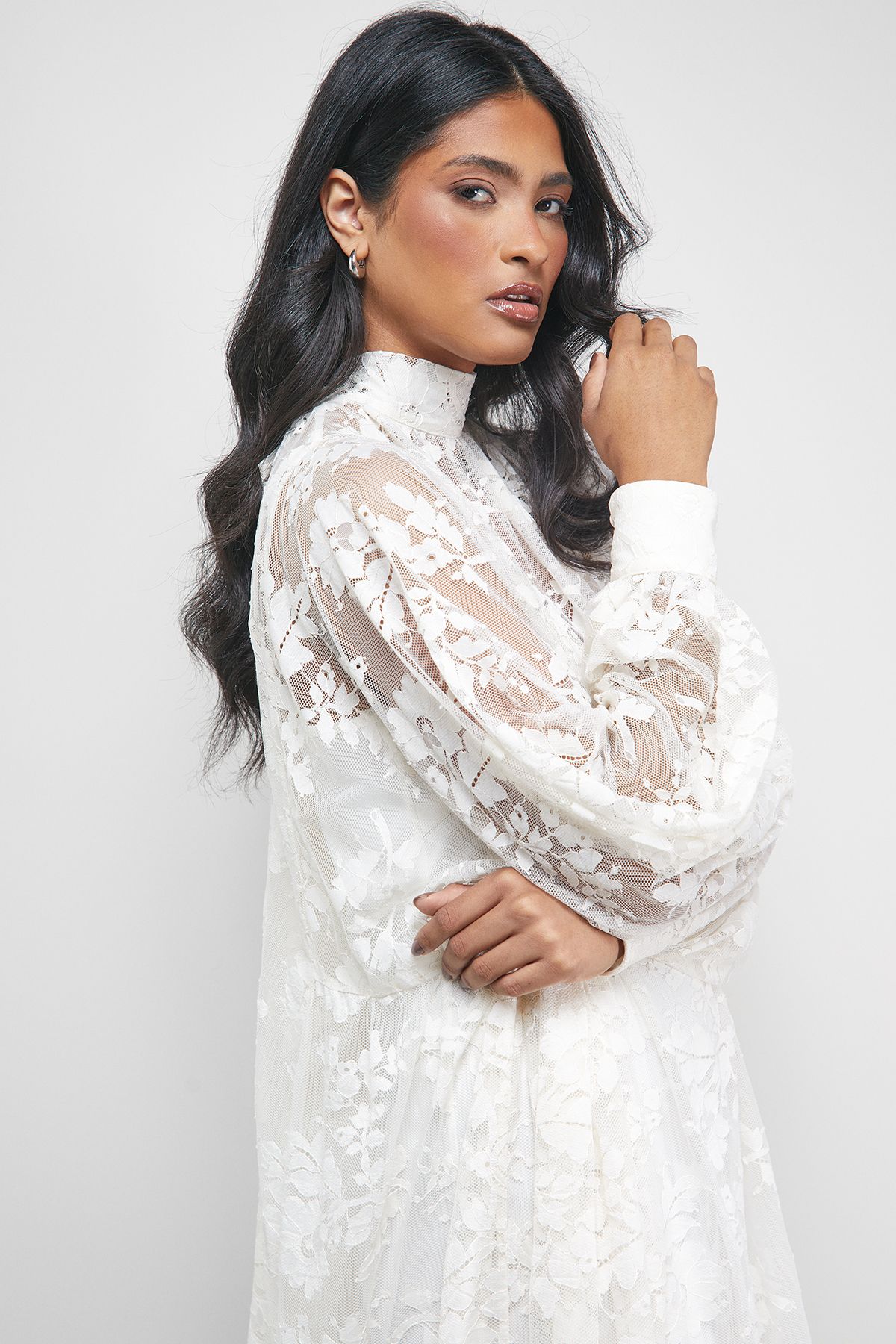 Warehouse Lace High Neck Smock Midi Dress
