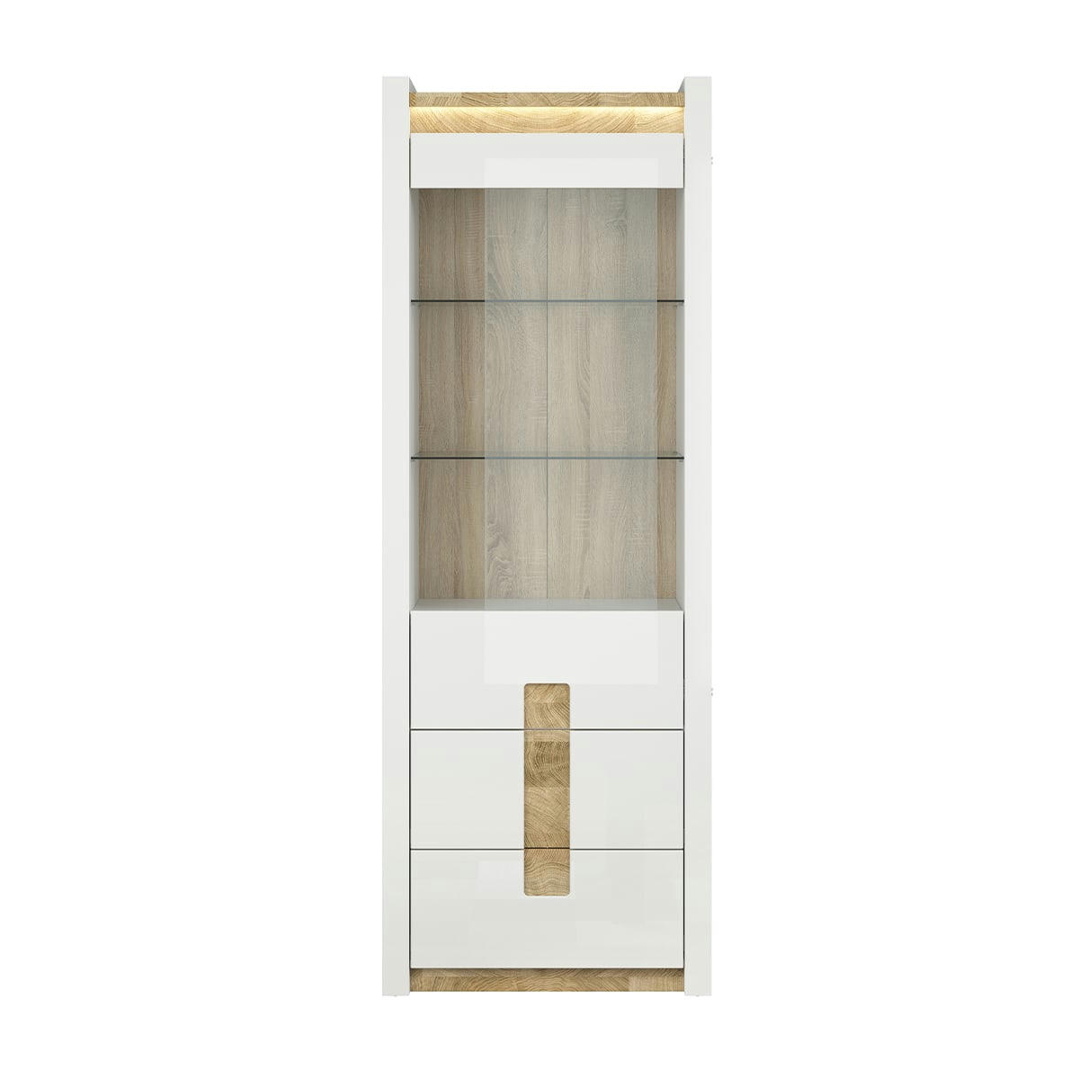 - Vitrine 1 porte 2 tiroirs avec led blanc laqué et naturel