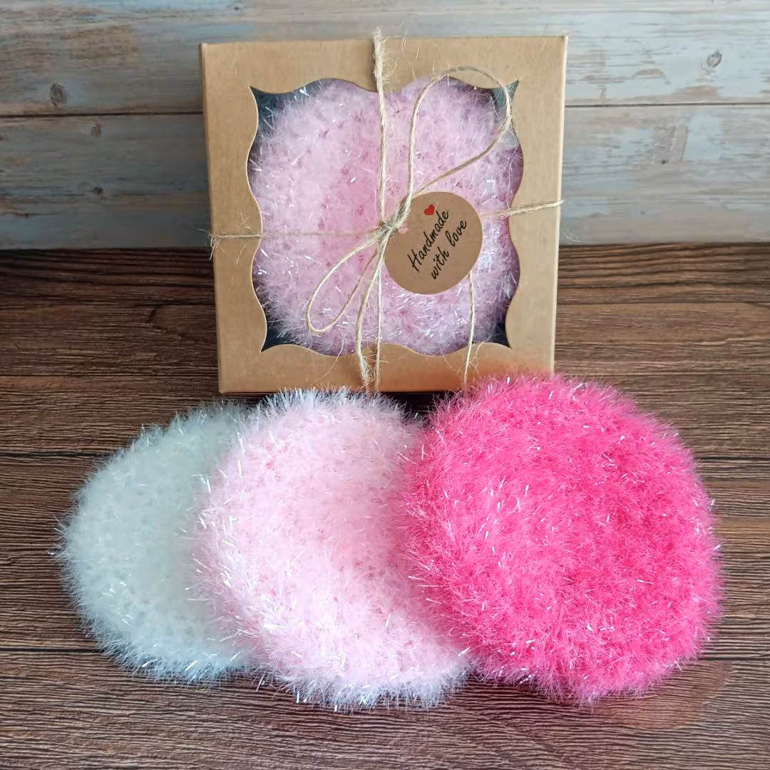 Gift Set of Korean Scrubbies - Pink Tones Sparkly Crochet Scrubbies Washing Up Pads - Pink White Colors Dish Sponges Cloths in a Gift Box