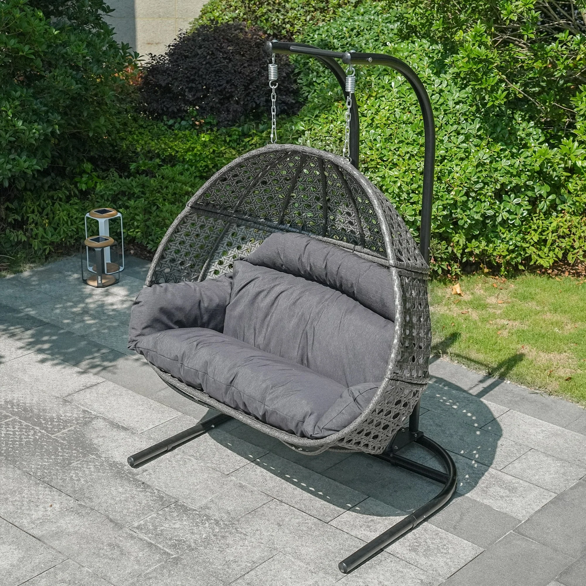 2-Person Hanging Egg Swing Chair with Metal Stand Handcrafted Wicker Breathable Cushion