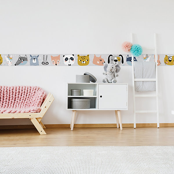 Frise adhésive autocollante pour chambre d'enfant, 10 cm X 300 cm, déco rigolote avec têtes d'animaux.
