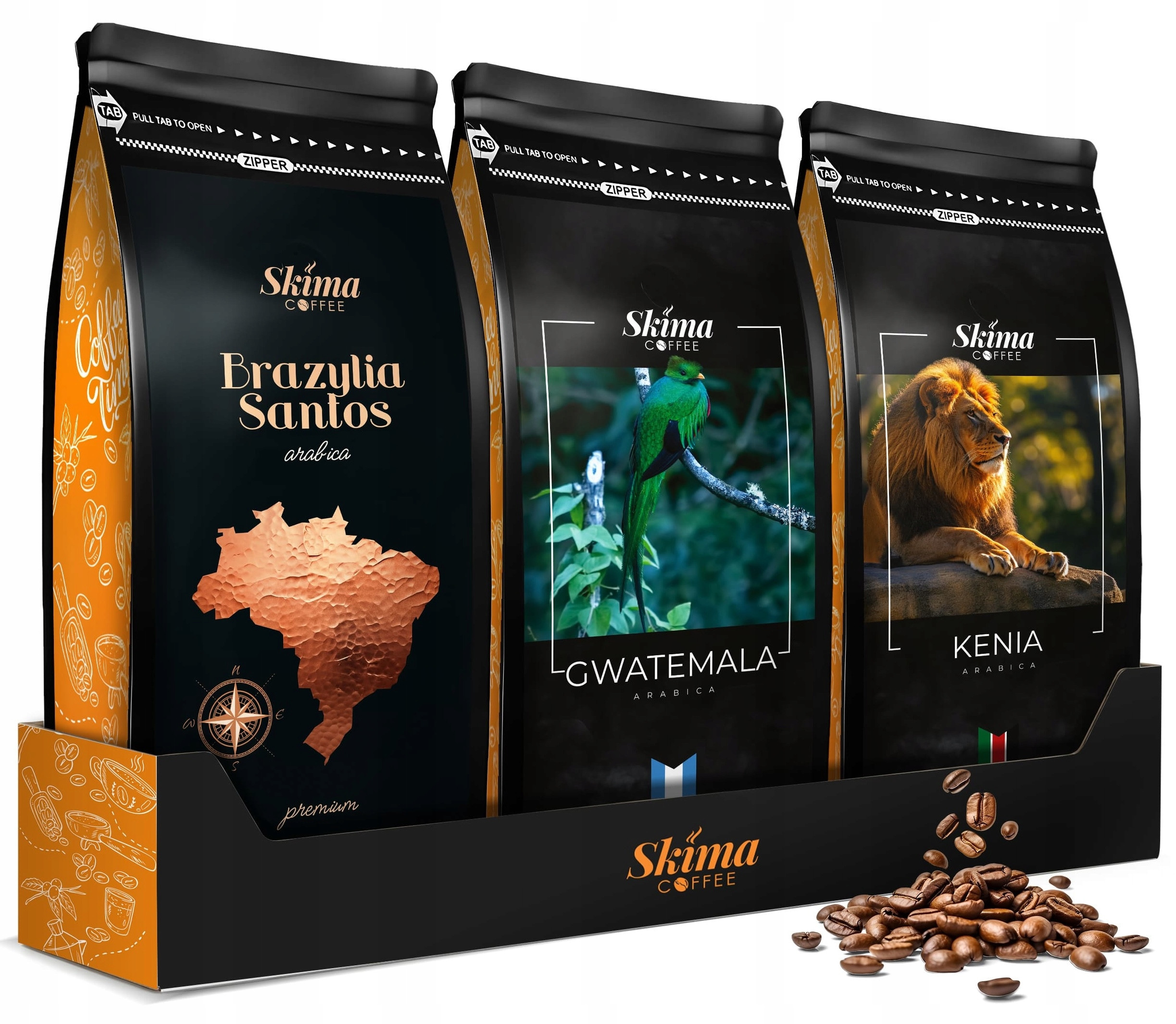Kawa ziarnista 1kg x3 Kenia/Gwatemala/Brazylia Santos Arabica Świeża