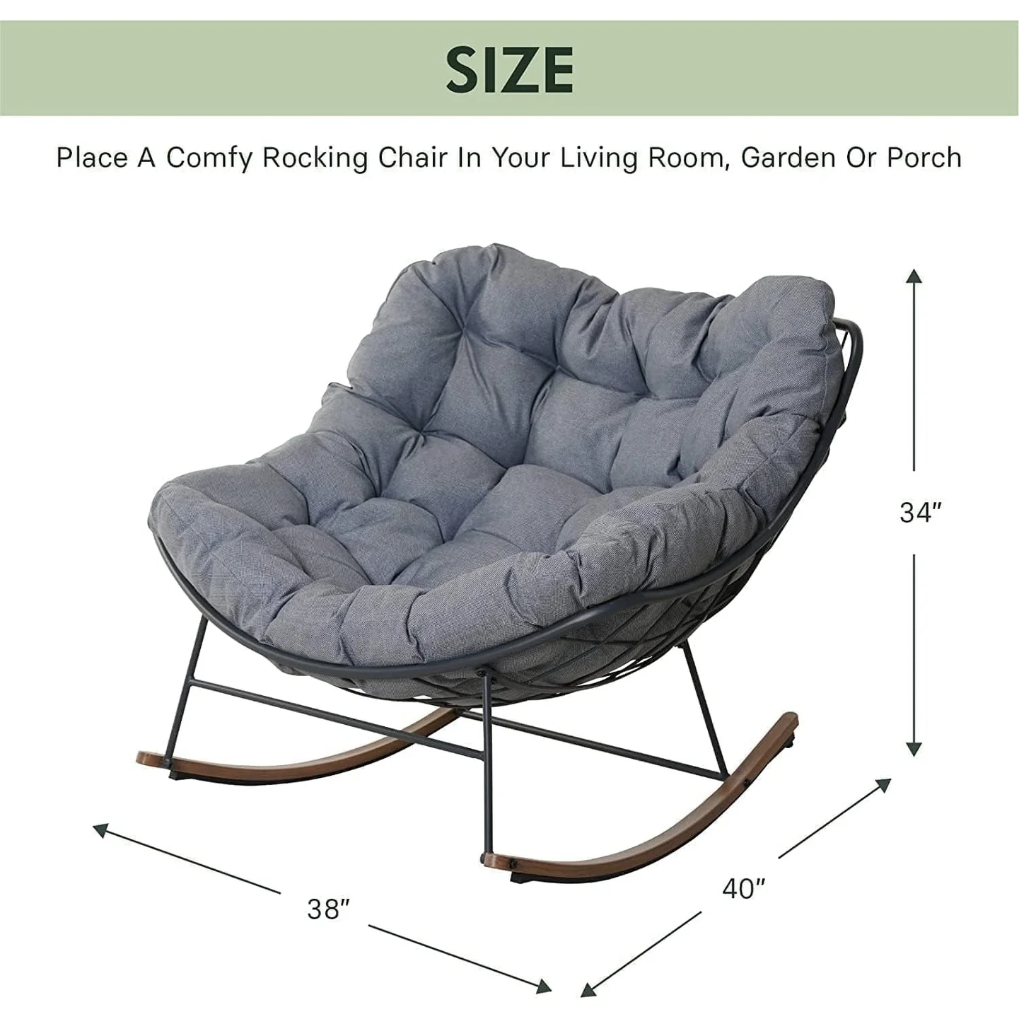 Cute Comfy Rocking Chair Outdoor Indoor, Modern Metal Lounge Rocker E-Coated Papasan Rocker Recliner Chair with Comfy Cushion