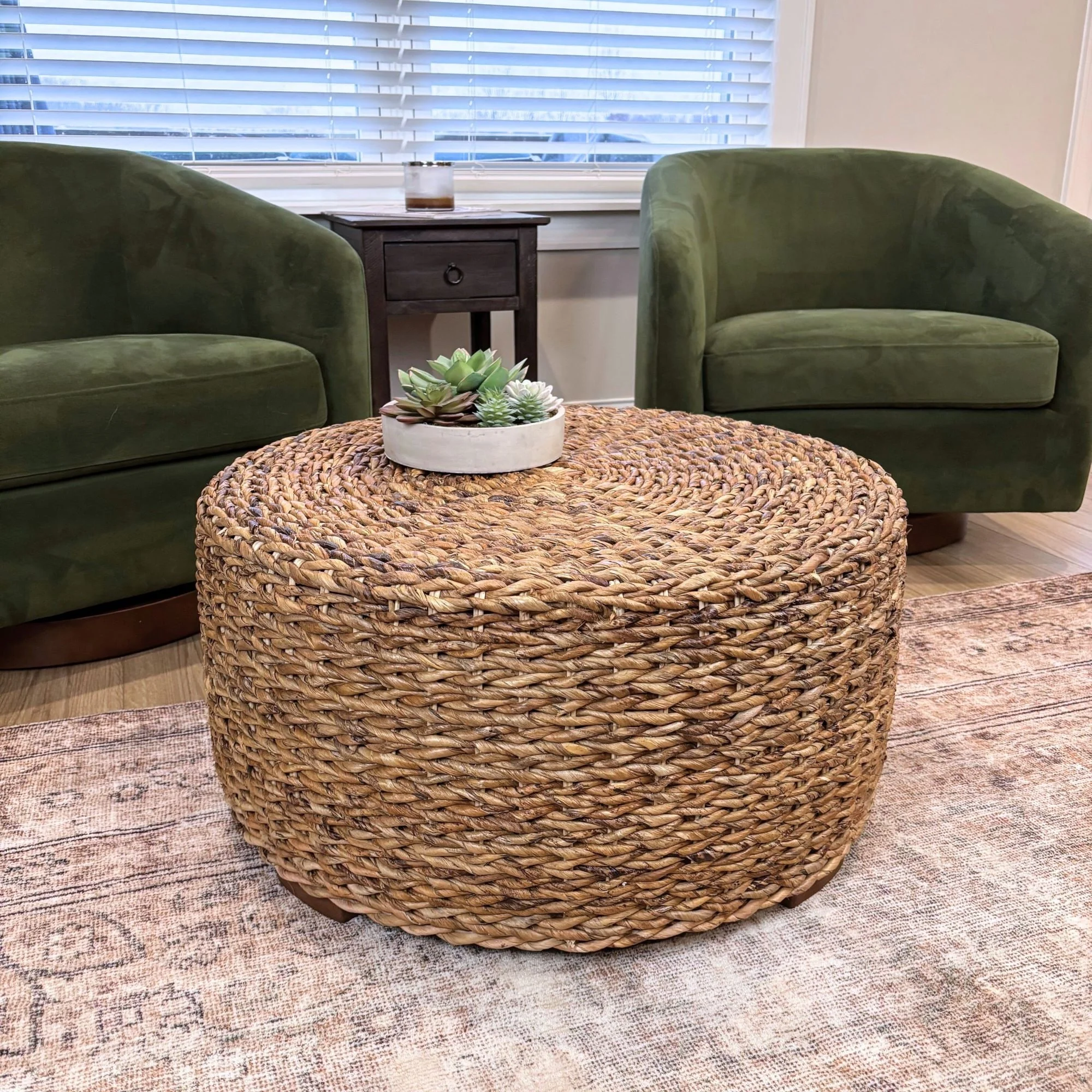 Hand-Woven Natural Abaca Wood Round Coffee Table Ottoman by East at Main