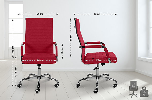 Chaise de bureau ergonomique Amadora, réglable en hauteur, pivotante 360 degrés, similicuir ou tissu. Rouge/Tissu