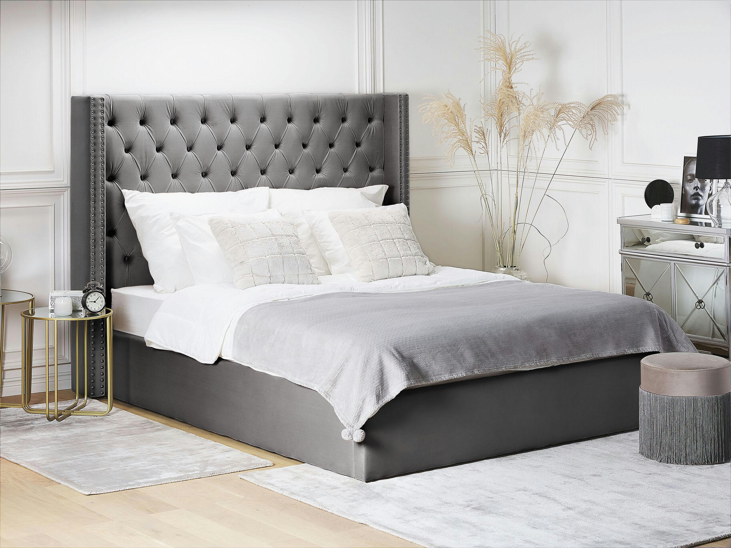 LUBBON - Lit double en tissu gris 180x200
