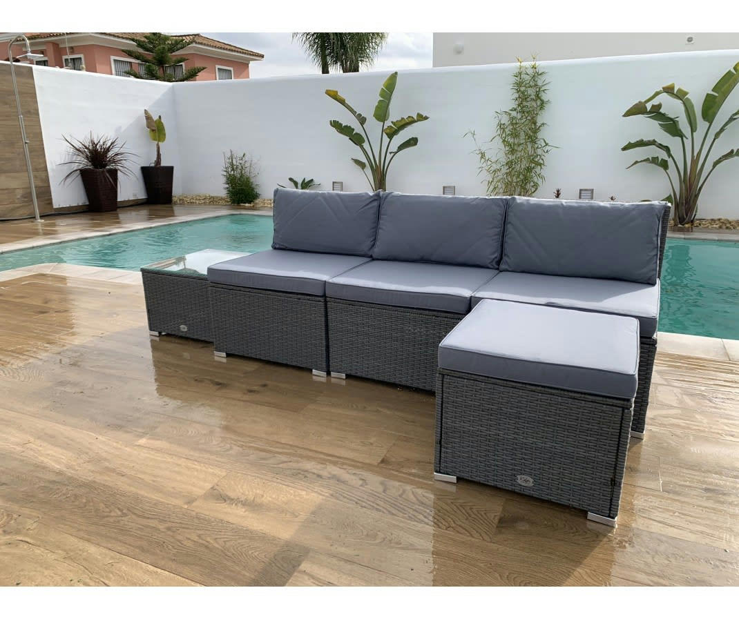 BAHAMAS - Salon de jardin Ensemble Central 4 Places Gris Rotin Synthétique