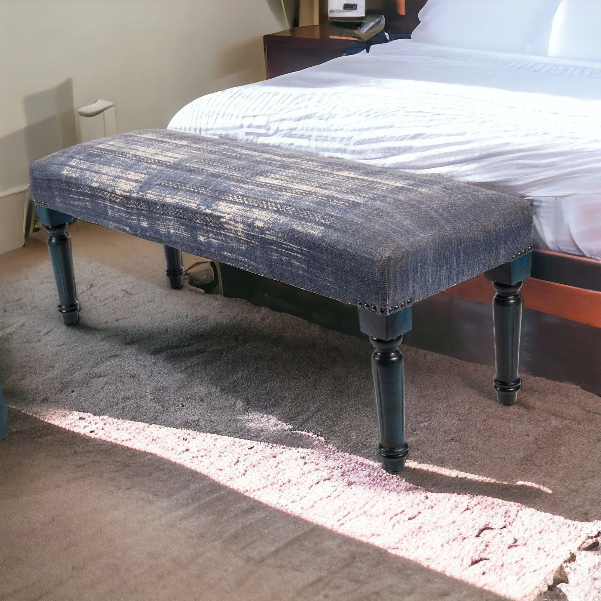 Wood Blue Ivory Cotton Upholstered Bench Distressed Finish Nailhead Trim - 16” D x 47” W x 18” H