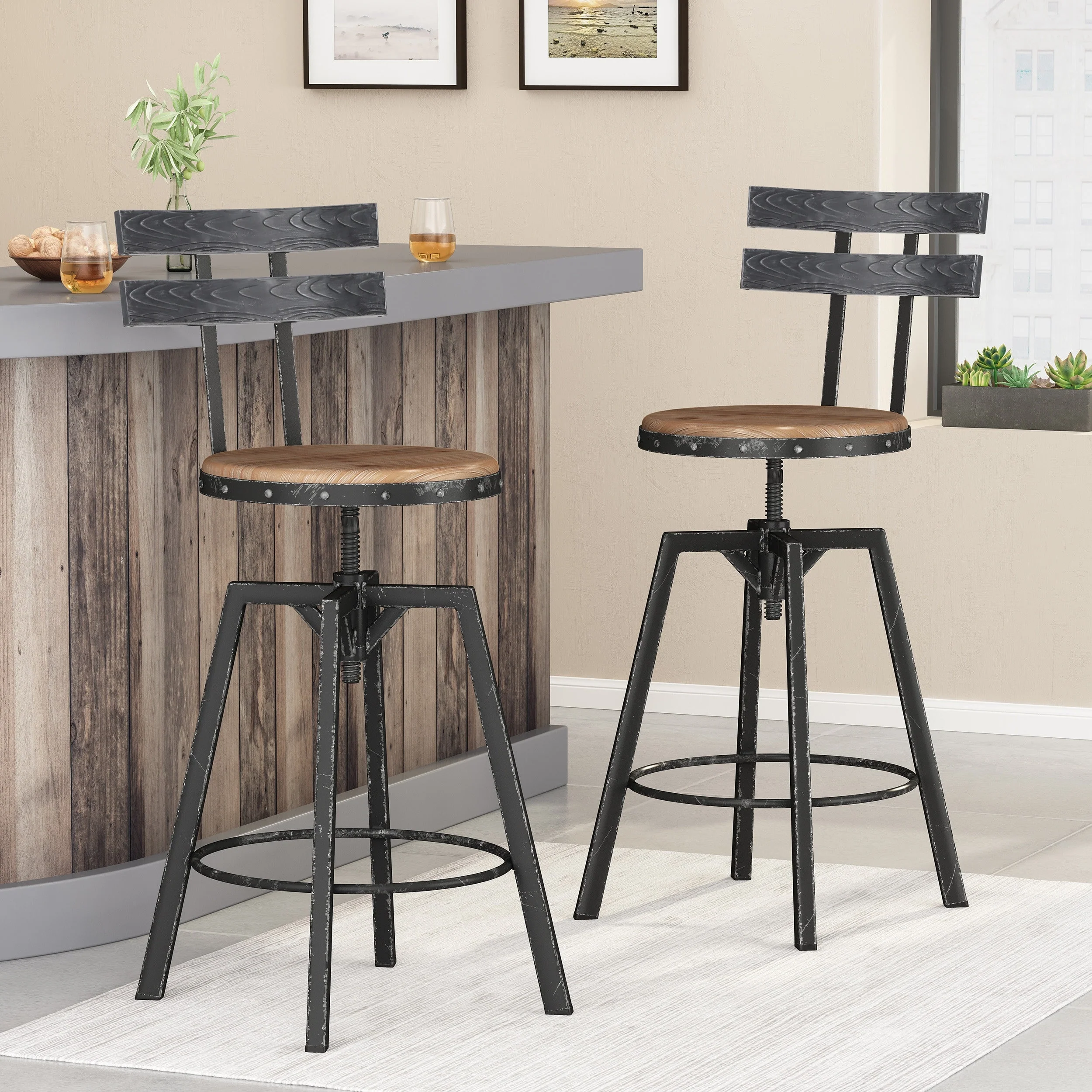 Alanis Modern Industrial Firwood Adjustable Height Swivel Barstools (Set of 2) by Christopher Knight Home