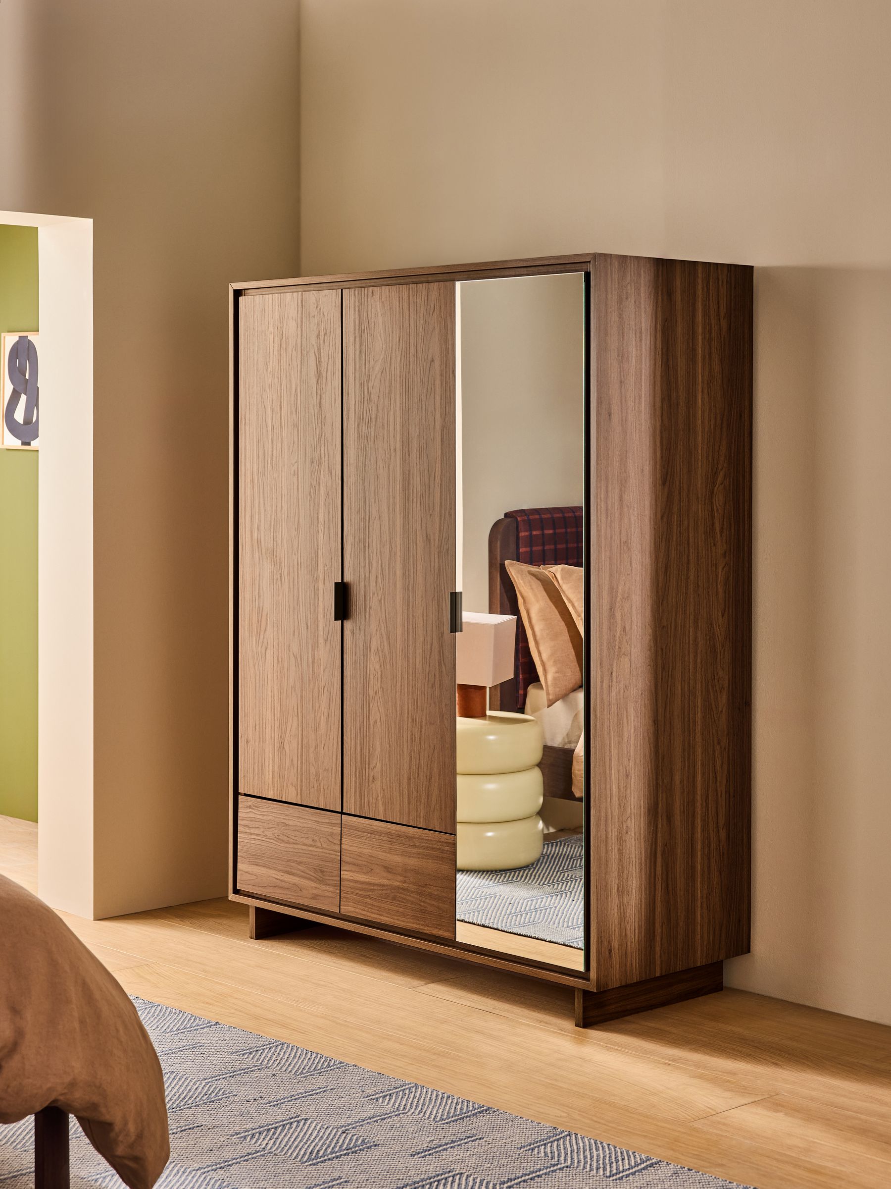 Kaci Mirror Triple Wardrobe in Dark Walnut Effect