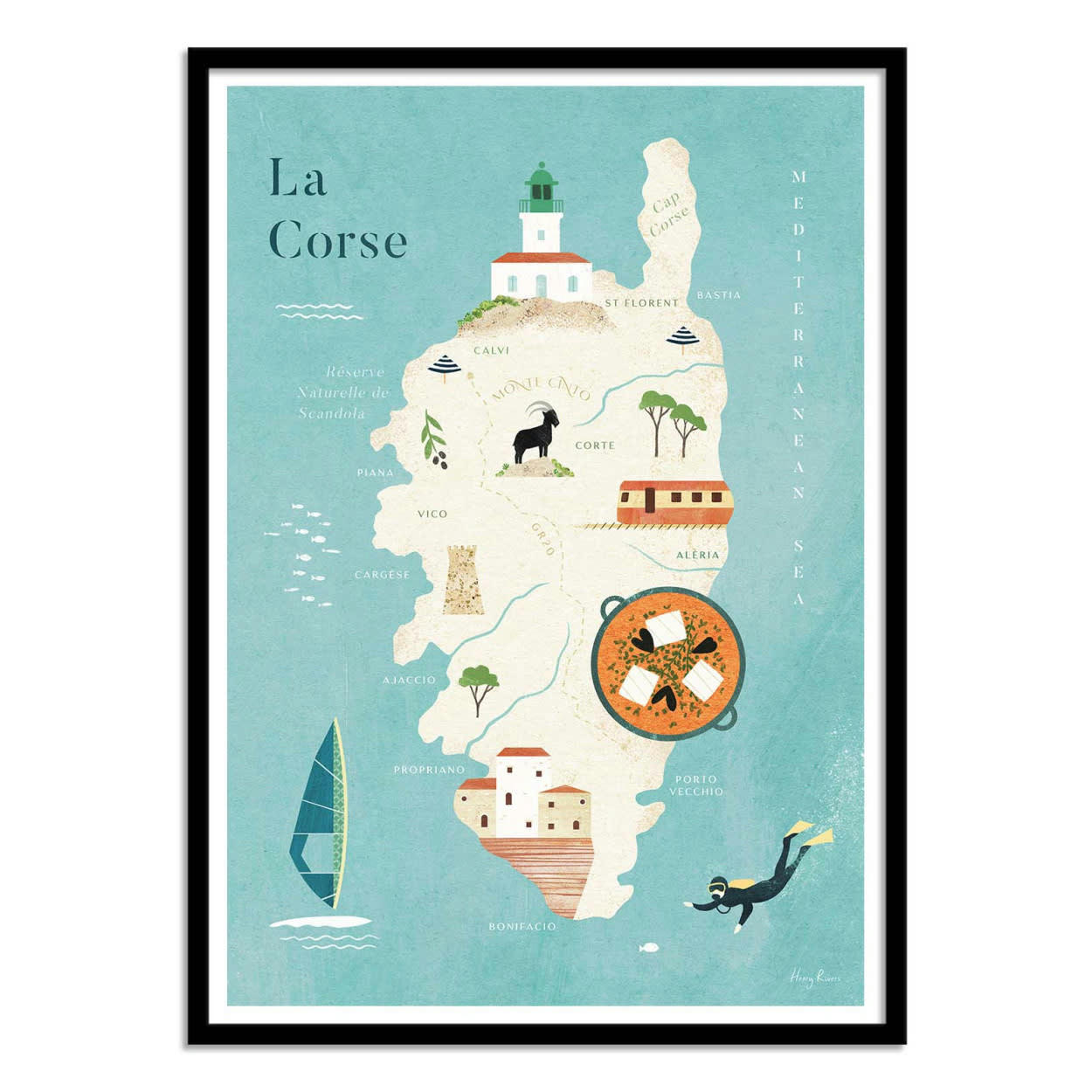 HENRY RIVERS - CARTE DE LA CORSE - Affiche d'art avec Cadre bois noir - 50 x 70 cm