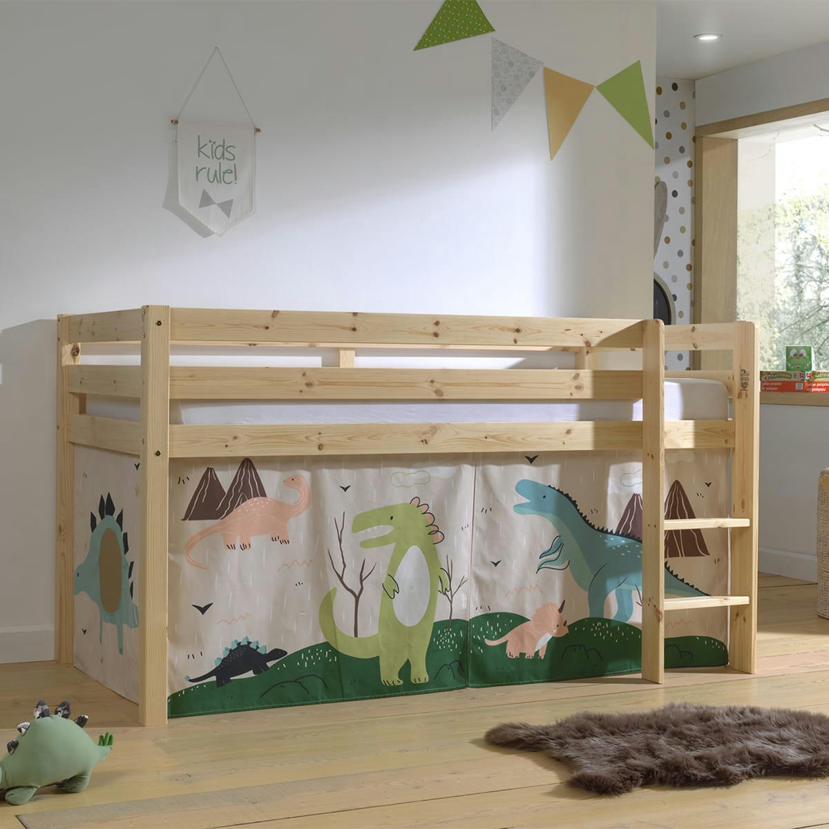 PINO - Lit mi-hauteur 90x200 sommier inclus housse dino naturel