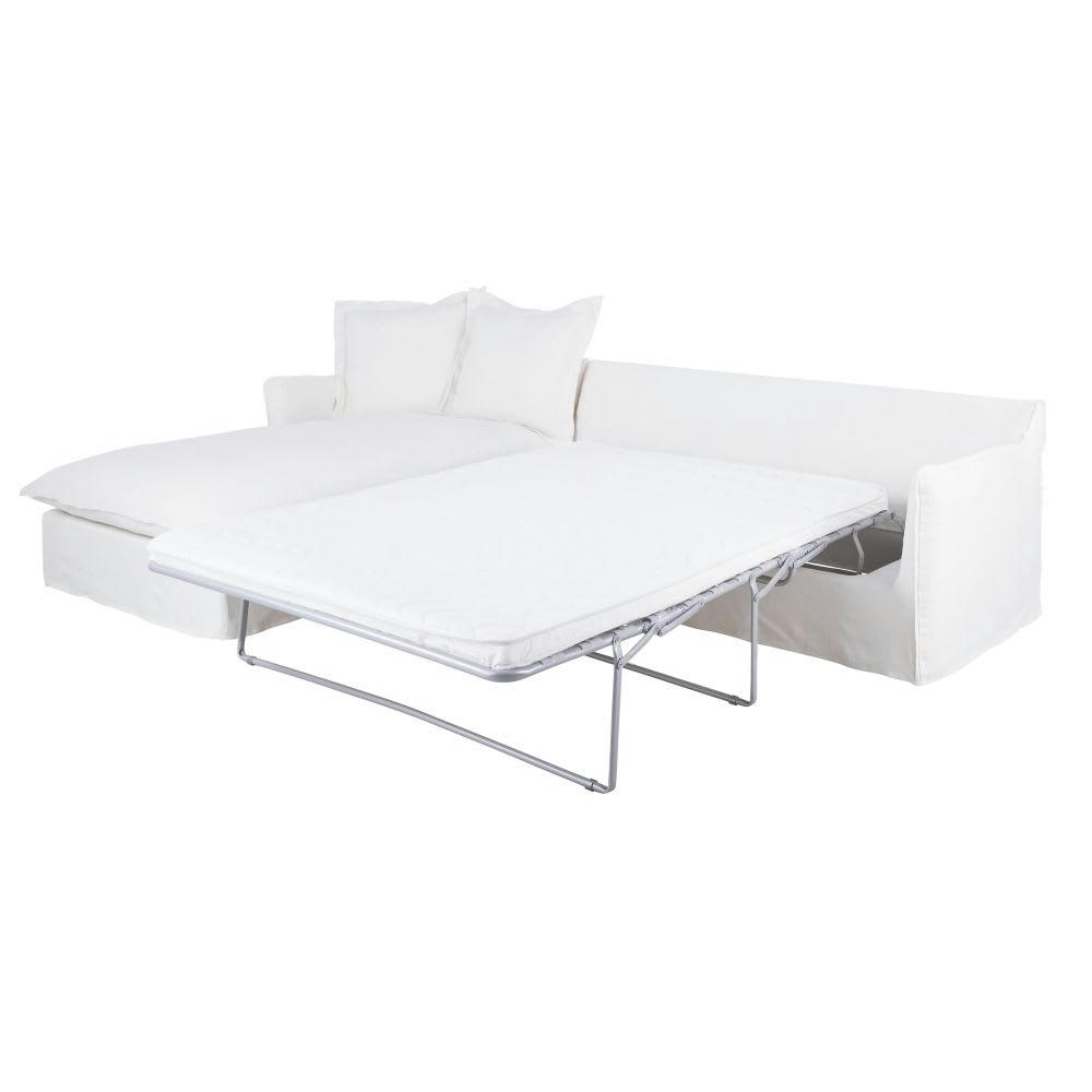 Barcelone - Canapé d'angle gauche convertible 5/6 places en lin supérieur blanc, matelas 6 cm