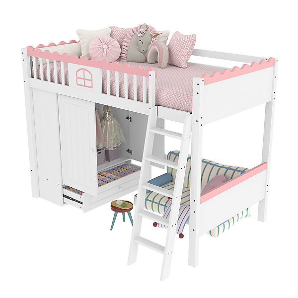 Lit superposé enfant LED, armoire tiroir, pin EN747, blanc, 90x200cm