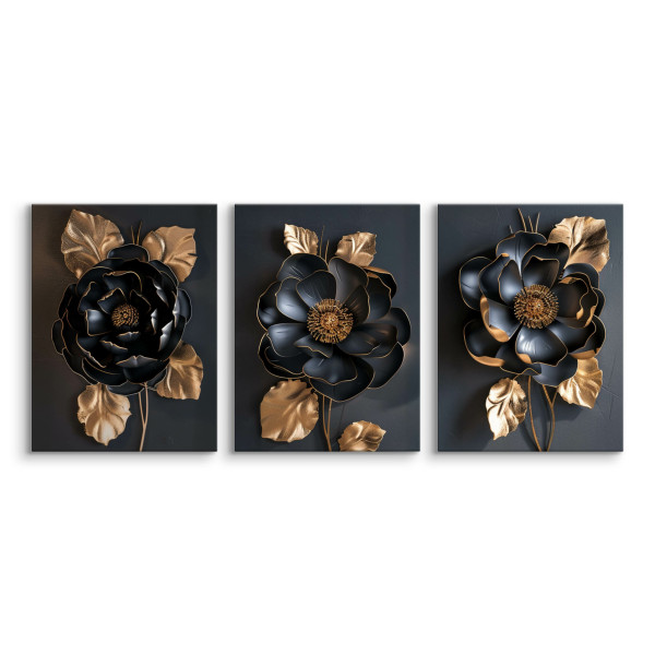 3x Obraz Set Czarne Kwiaty W Stylu Glamour 30x40cm