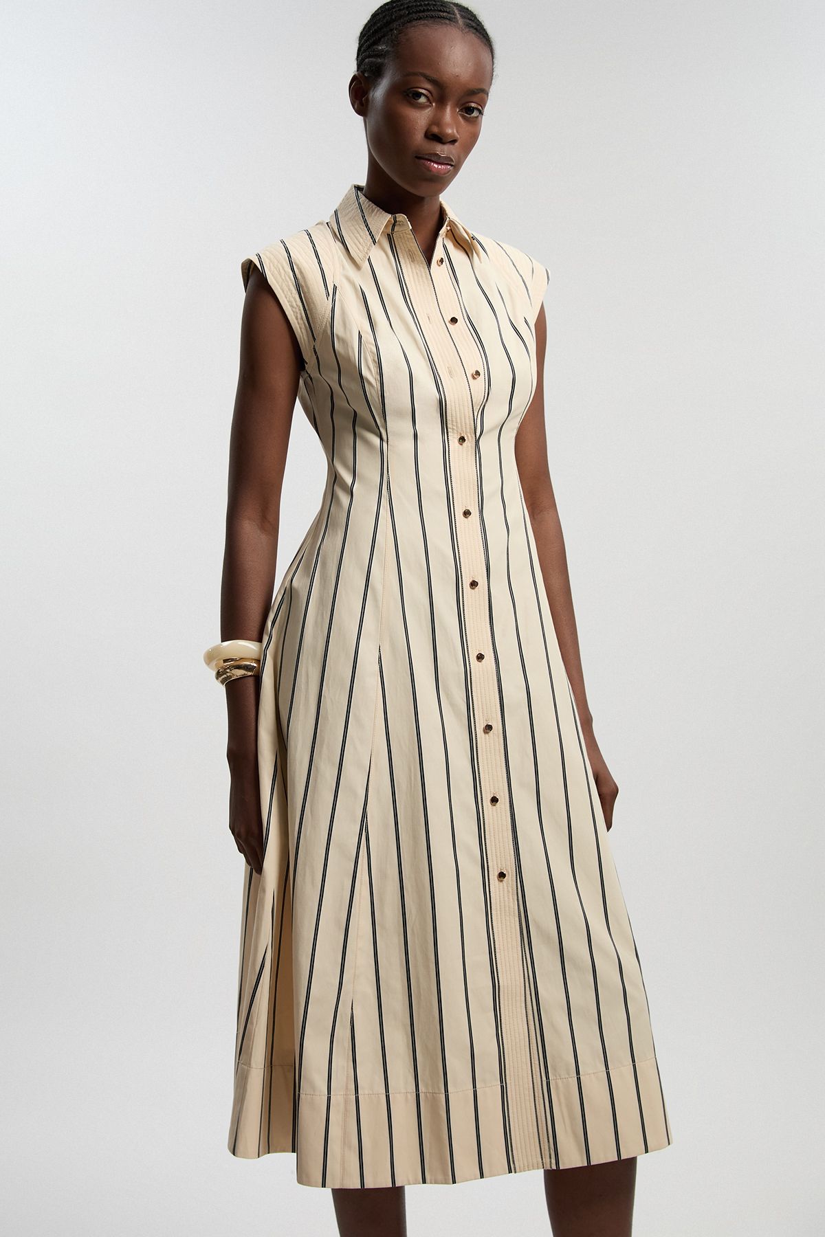KarenMillen Petite Mono Stripe Cotton Top Stitch Woven Midi Shirt Dress