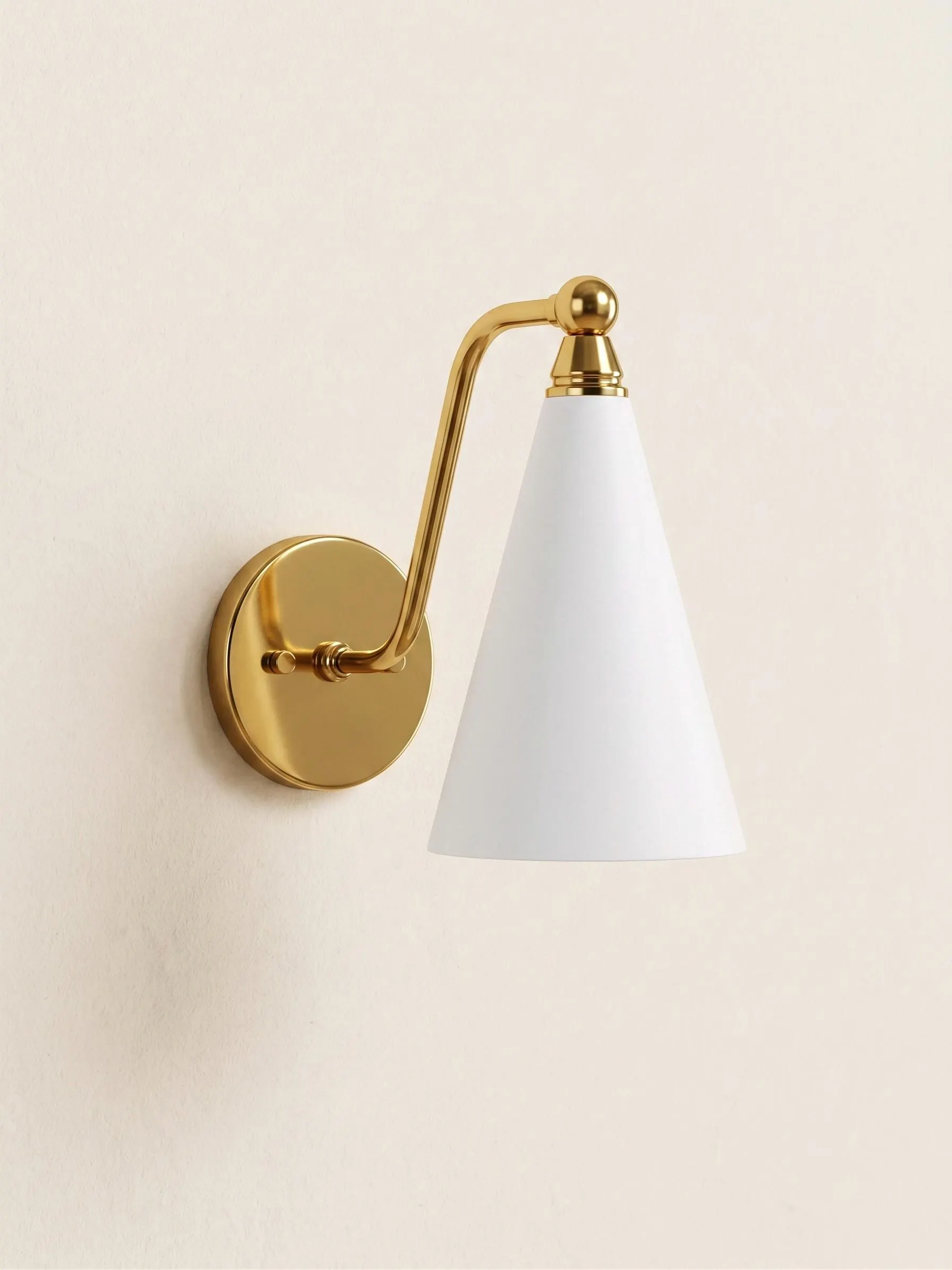 Modern Brass Wall Sconce | White Cone Shade Wall Light | Mid Century Brass Lamp | Bedside Reading Light | Bathroom Vanity Lighting Fixture
