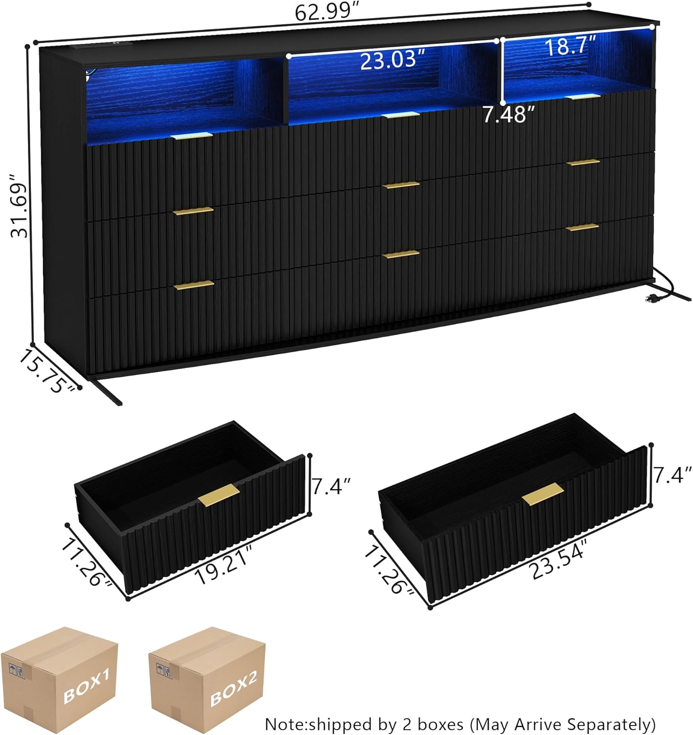 Fluted 9 Drawer Dresser with LED Lights, Modern Black Chest of Drawers with Power Outlet & Curved Top, Wood Dresser TV Stand, Black Double Dresser for Bedroom, Hallway, Living Room