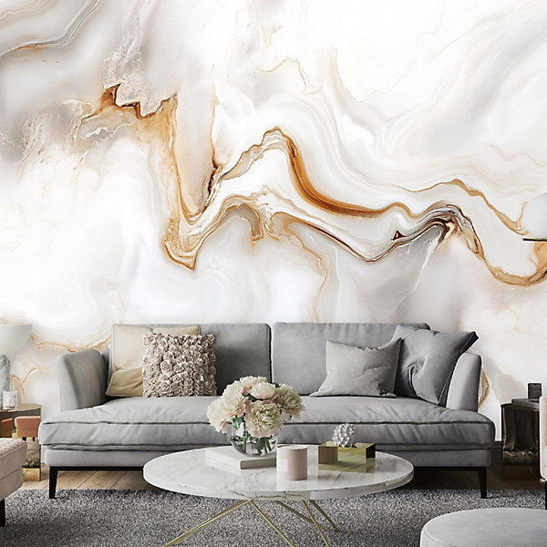 Papier Peint Marbre Blanc Panoramique Intissé 400x280 cm - Colle Inclus - Moderne Papier Peint Intissé Chambre Salon