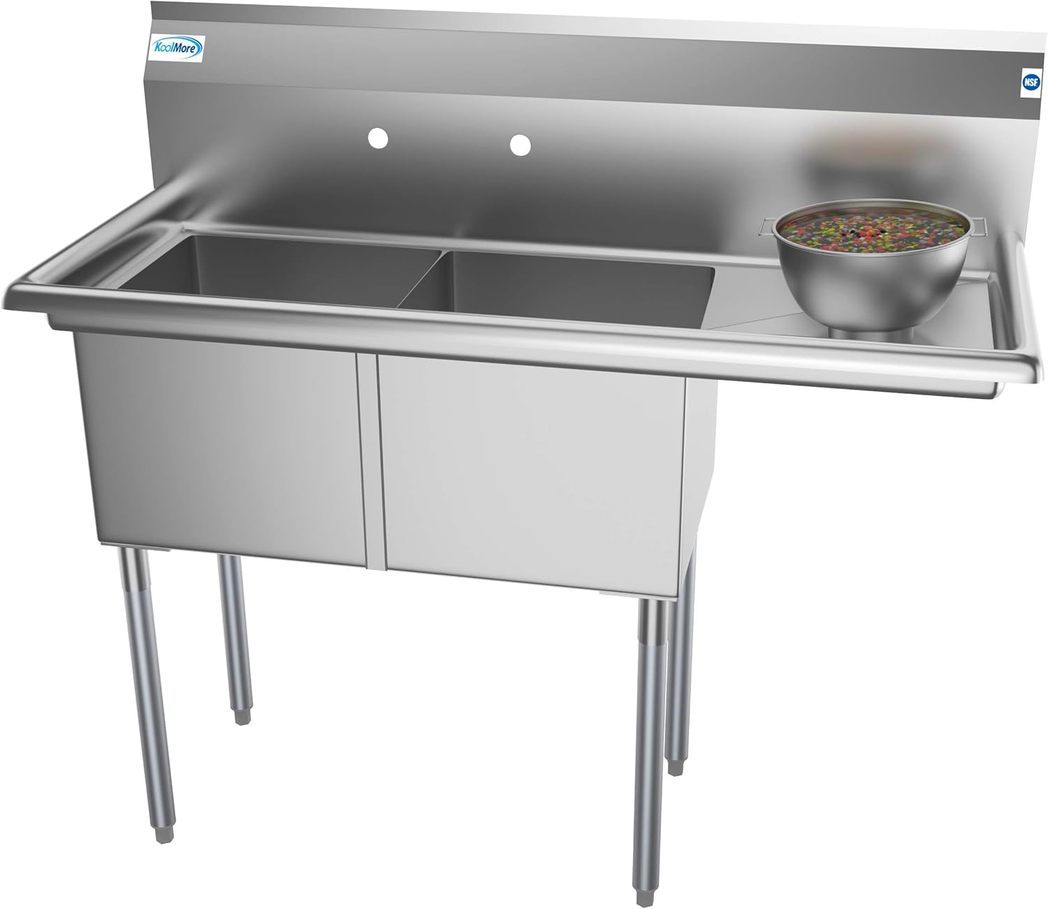 KoolMore - SB151512-15R3 2 Compartment Stainless Steel NSF Commercial Kitchen Prep & Utility Sink with Drainboard - Bowl Size 15 x 15 x 12, Silver