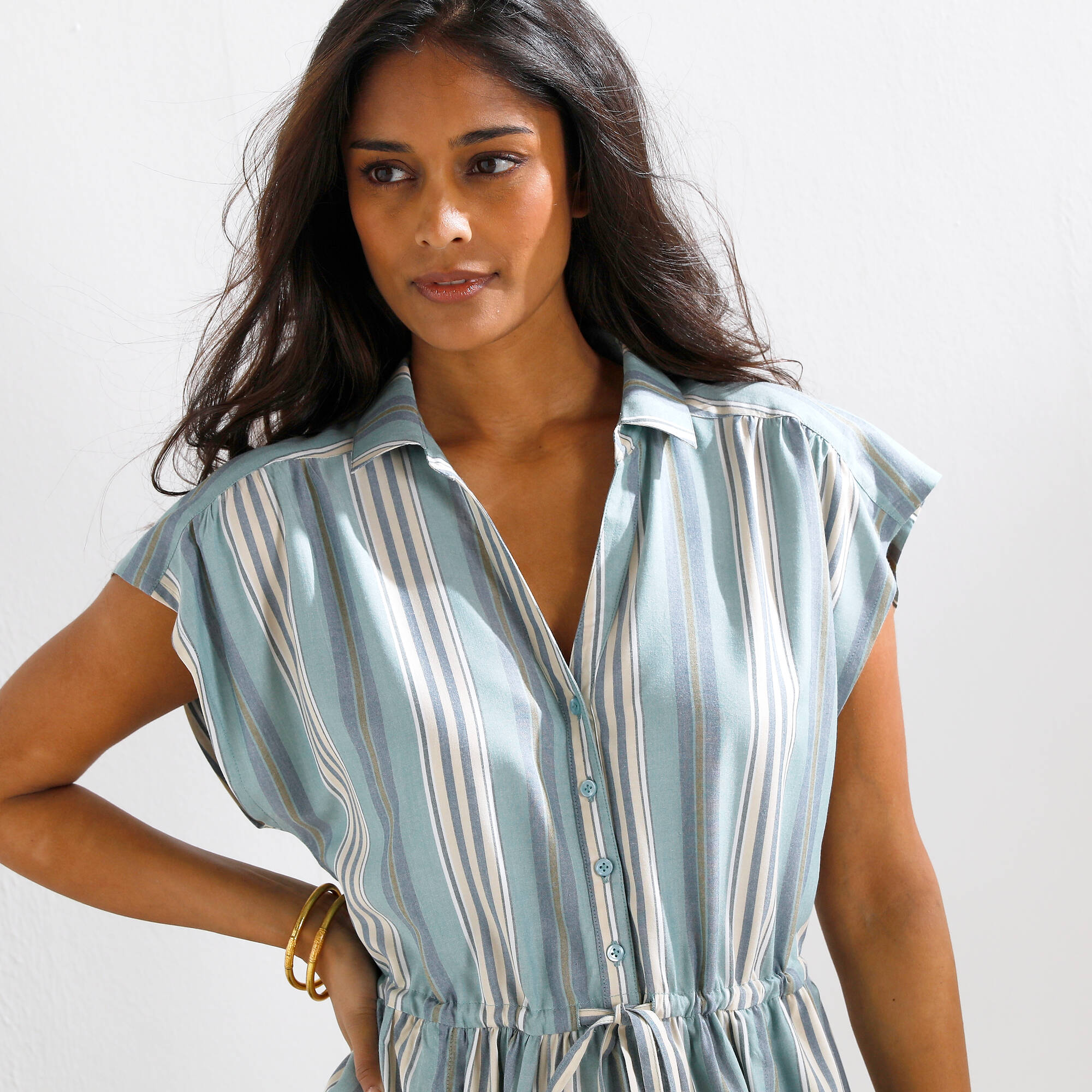 Robe chemisier rayée, manches courtes