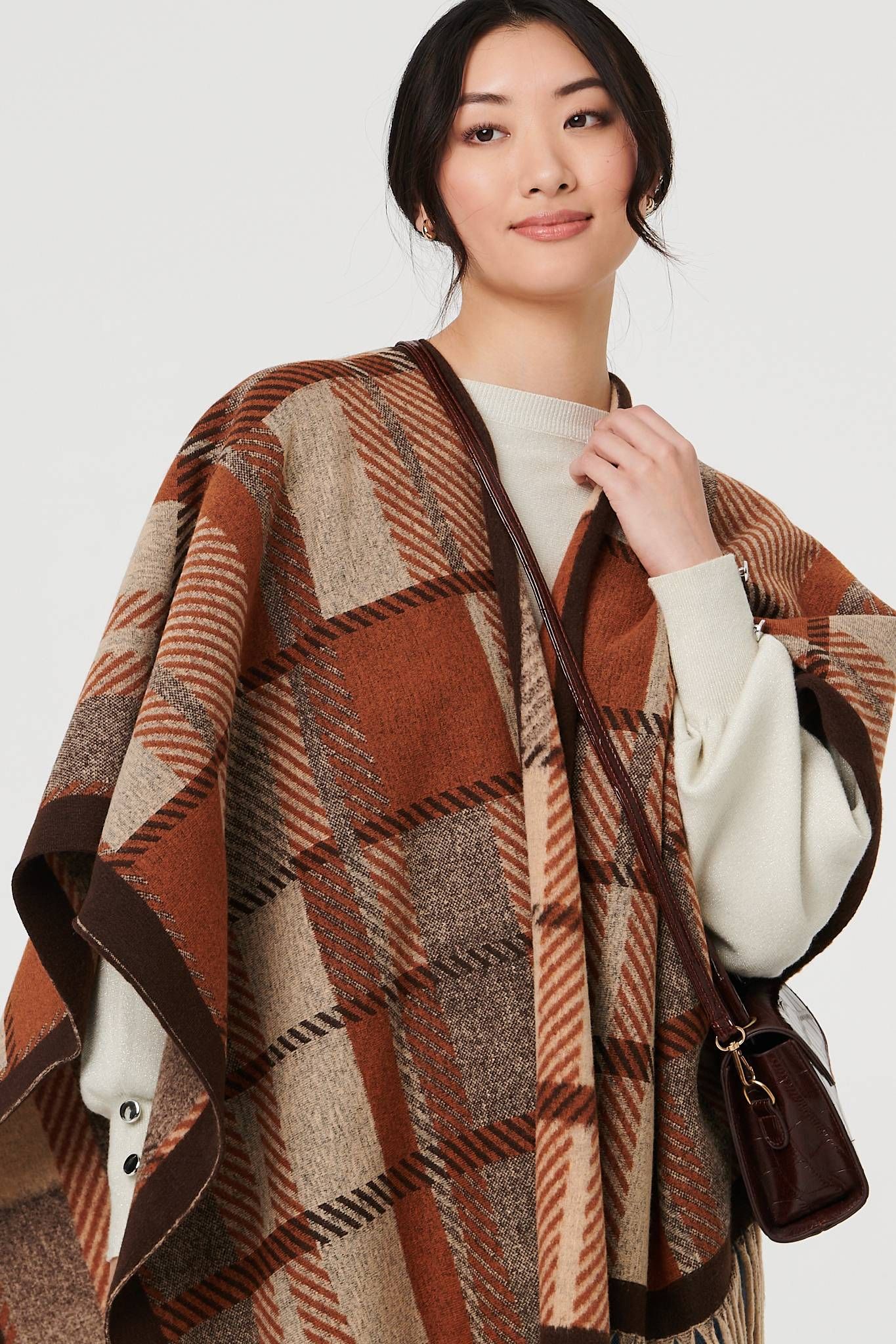 Izabel London Checked Tassel Fringed Relaxed Poncho