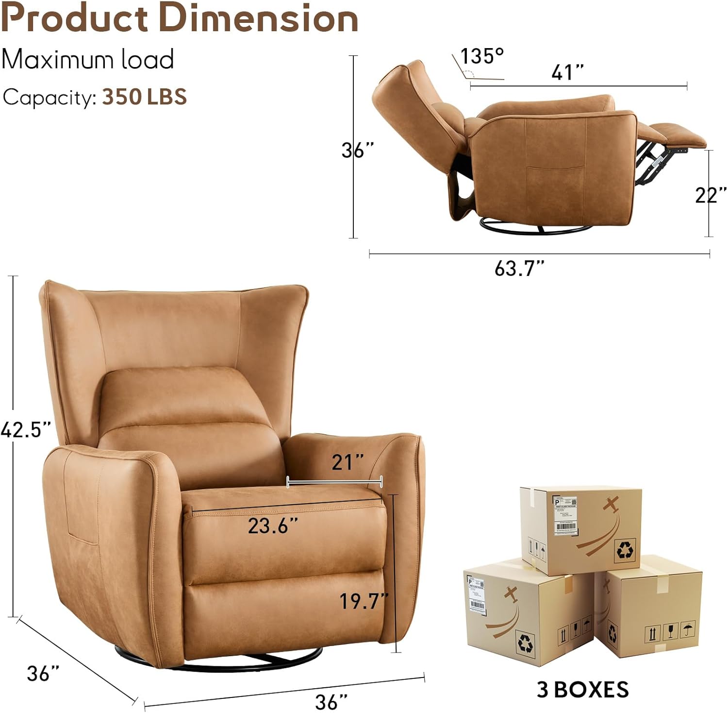 Bonzy Home 270° Swivel Power Recliner Chair, 30° Rocking Chair with Lumber Cushion and Highly Enveloping Backrest, Electric Reclining Home Theater Seat for Nursery, Bedroom, Living Room, Brown
