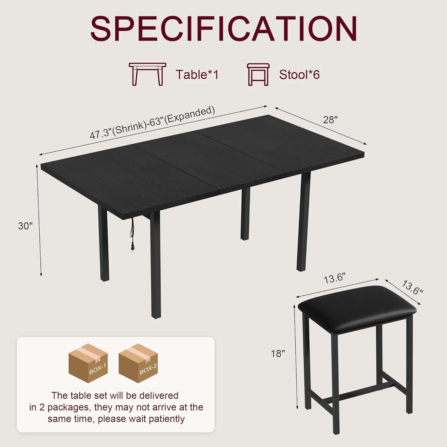 VECELO 7-Piece Dining Table Set with 6 Square Stools, 63 Expandable Kitchen Table with USB Charging & Metal Frame for 2/4/6, Wood Dinette Perfect for Small Spaces, Easy Assembly, Black