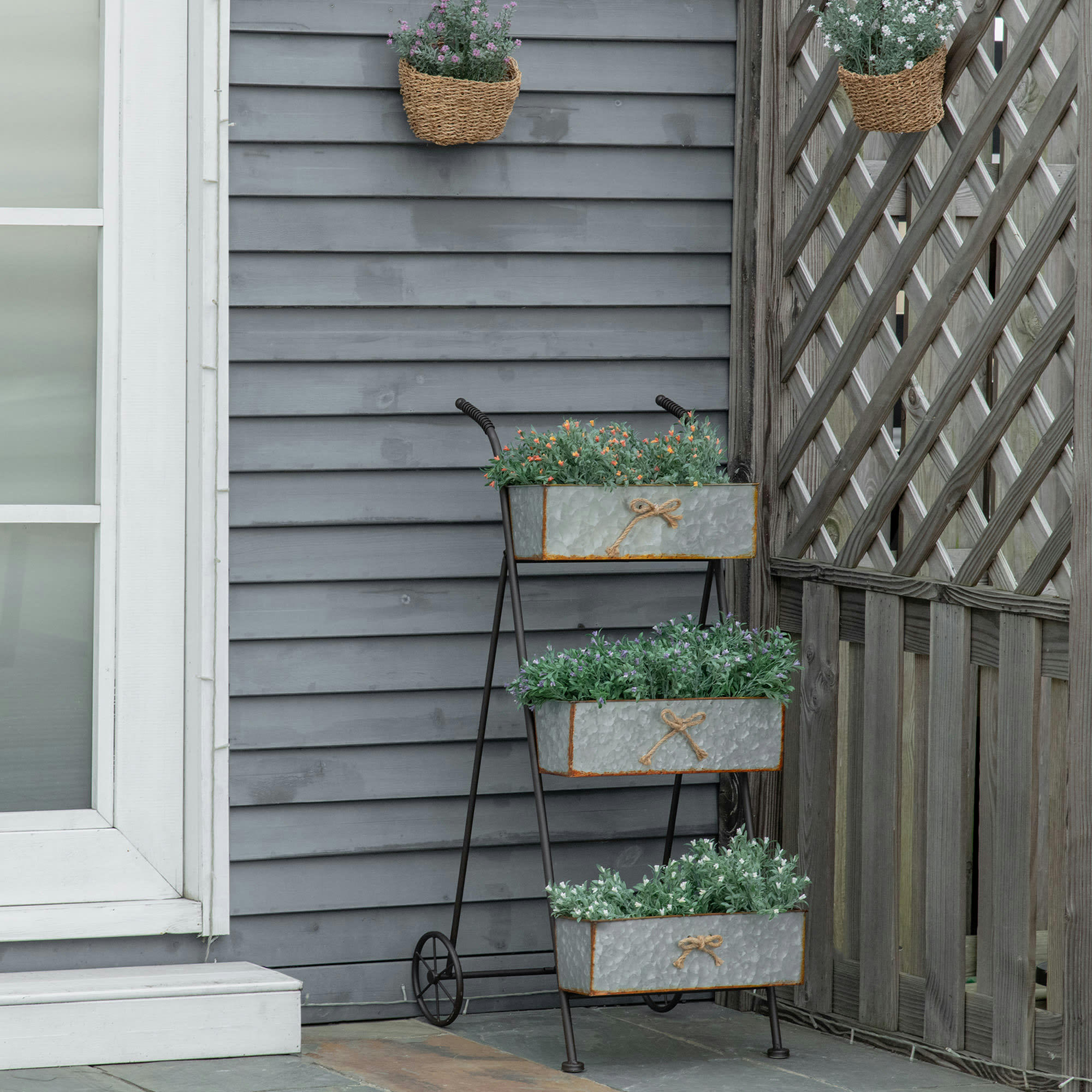 - Jardinière chariot sur pied 3 niveaux pliable style rural chic