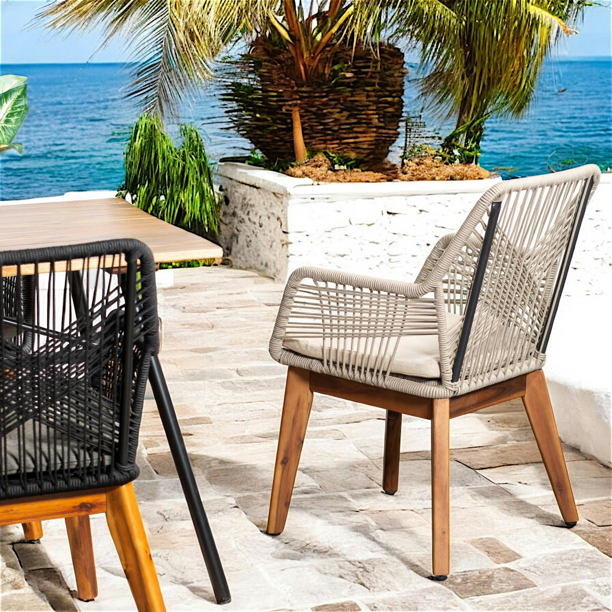Chaise de jardin beige en corde tressée et pieds bois FSC® (lot de 2) GRENADE