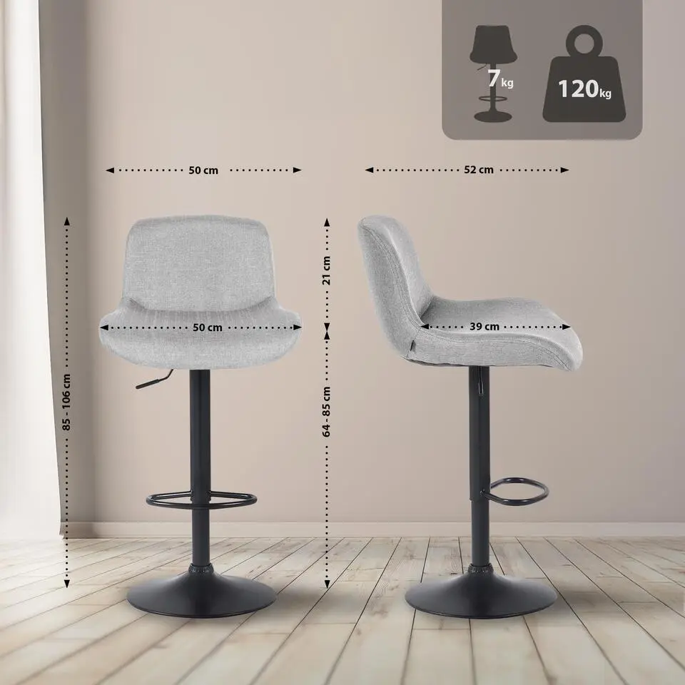 CLP Set van 2 Barkruk Solon mat zwart Frame - Stof - licht grijs