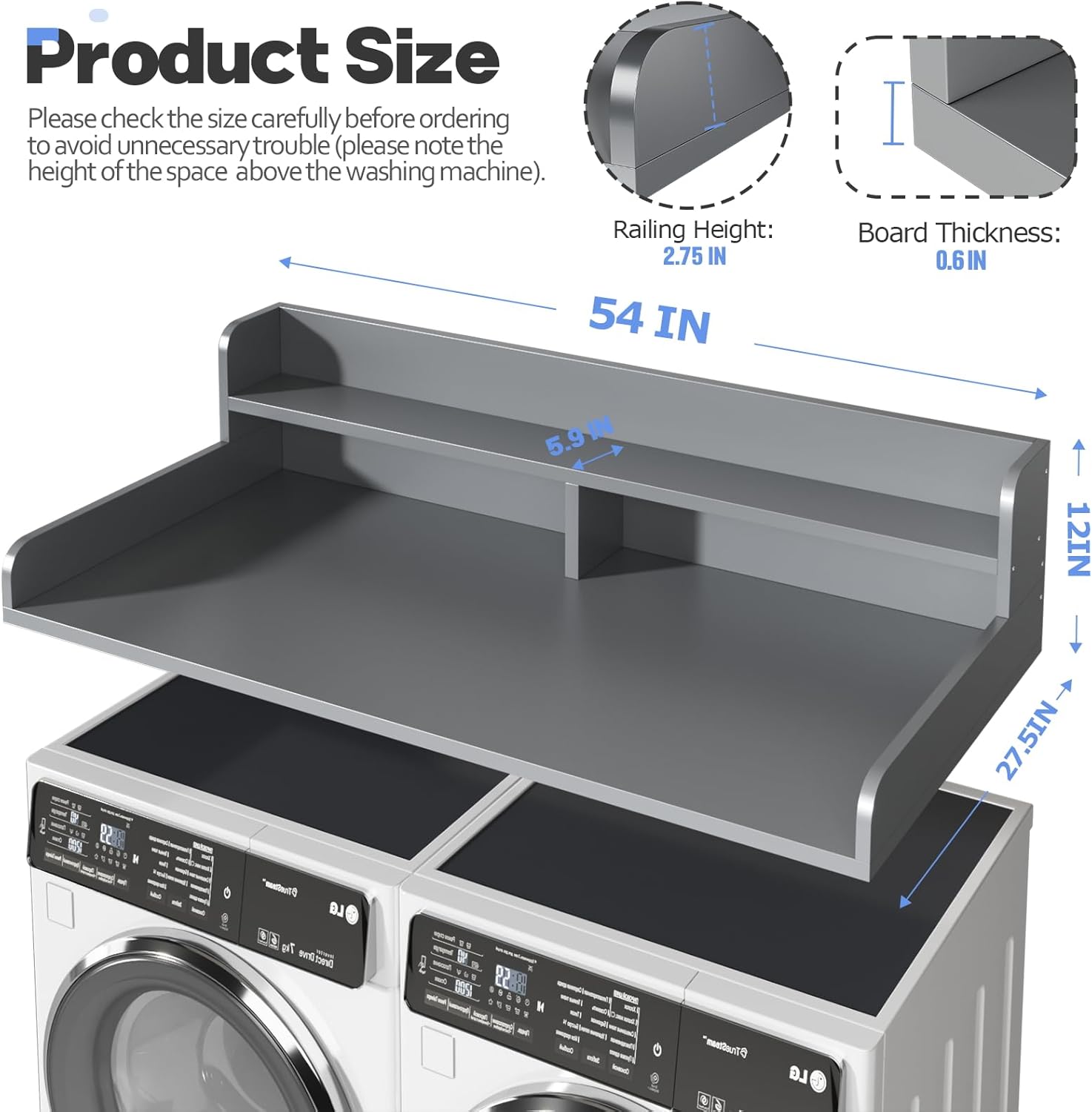 2-Tier Washer and Dryer Countertop with 2.75 H Guard,54 W x 27.5 D Laundry Countertop Cover with Non-Slip Pad,Large Space Laundry Topper for Folding Clothes Over Washer and Dryer-Gray