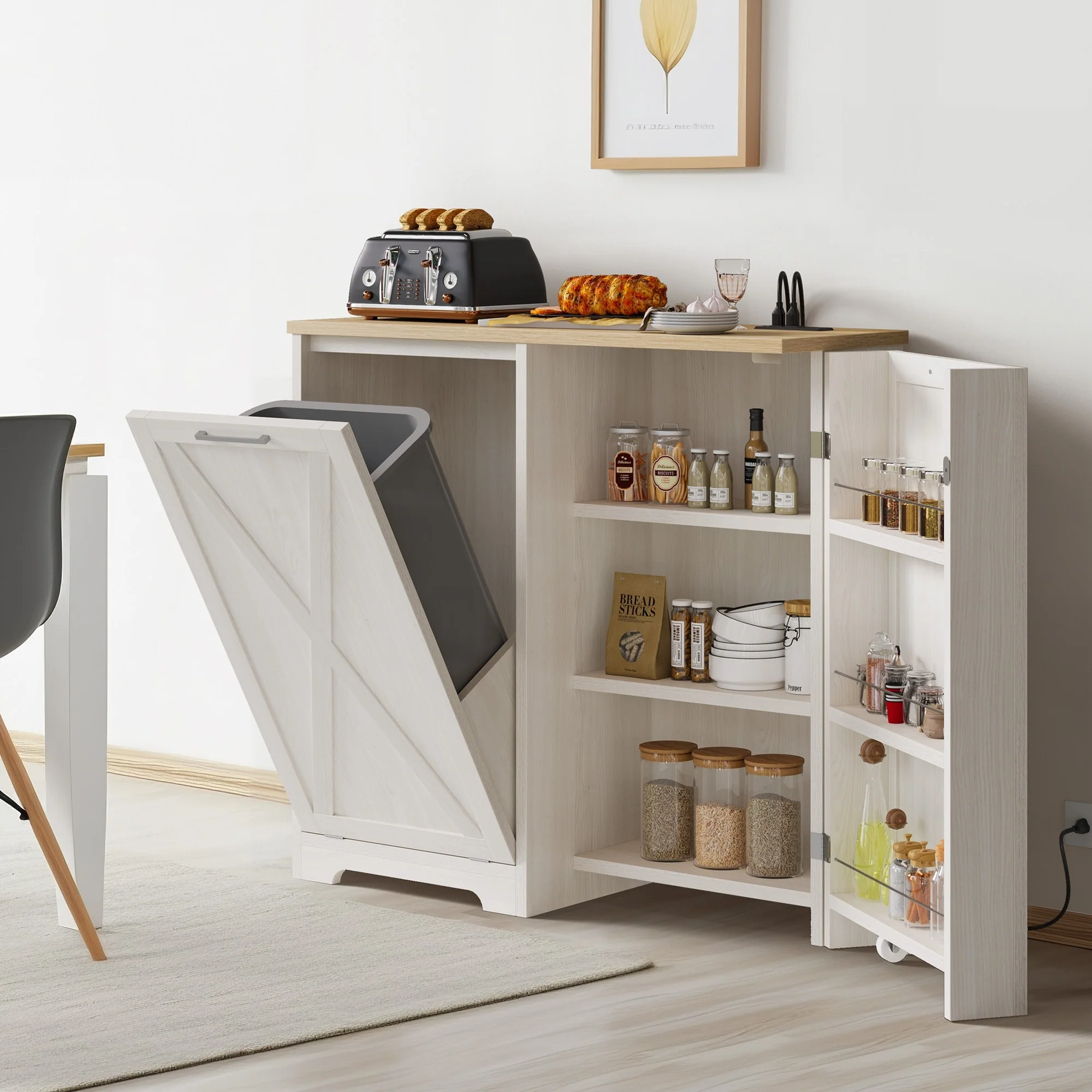 Moasis 13 Gallon Kitchen Tilt Out Trash Bin Cabinet with Power Outlet