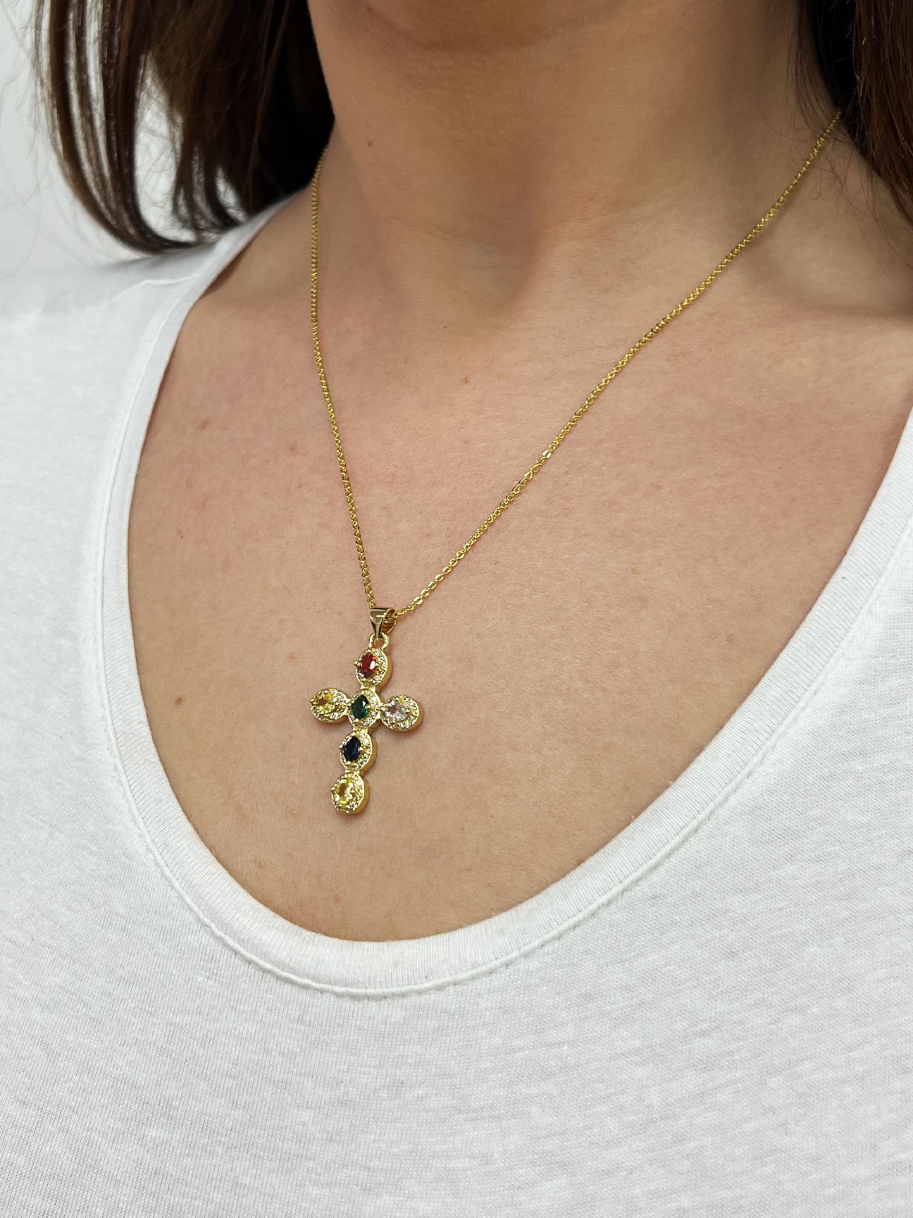 SVNX Cross Pendant Necklace in Multi Colour Stones - Gift Boxed