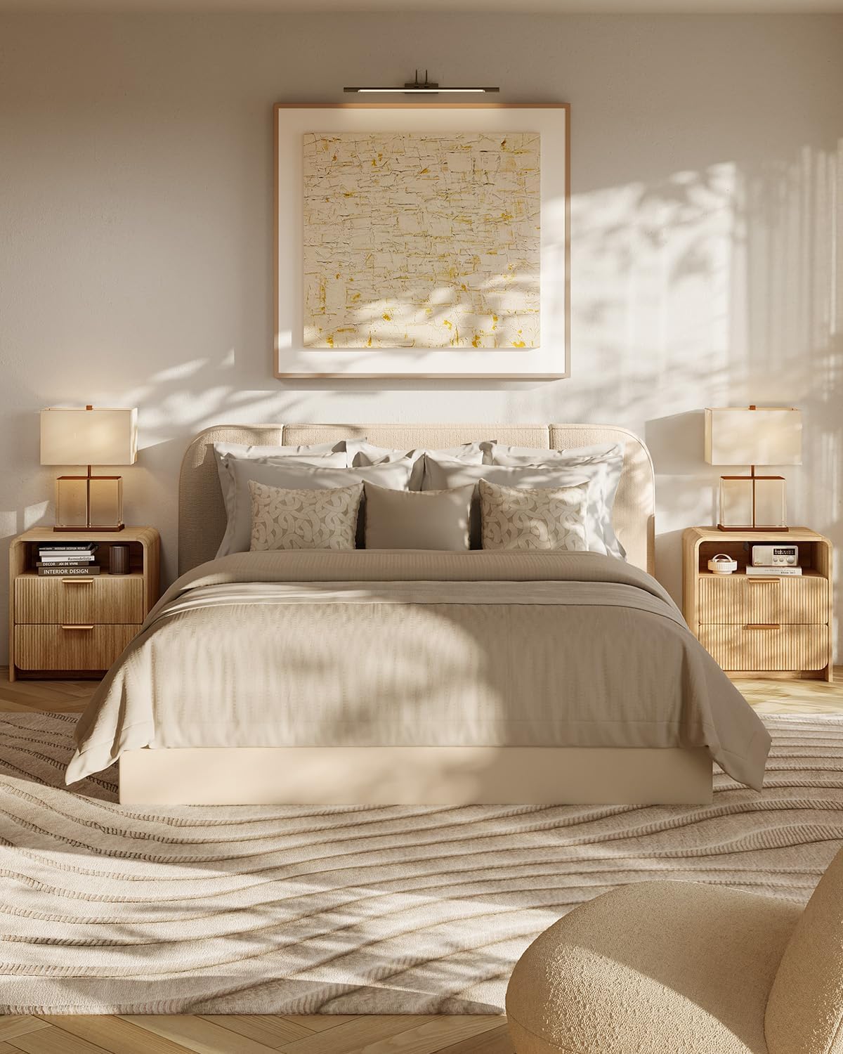24 Fluted Nightstand Set of 2 with Charging Station, Bedside Table with Metal Handle, NightStand with 2 Drawer and Shelf, End Table for Bedroom, Curved Profile, Natural Oak