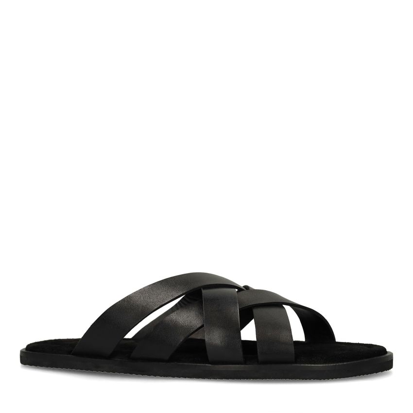 Manfield Zwarte leren gevlochten slippers