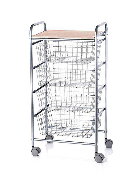 Chariot de cuisine Beech avec 4 paniers amovibles, meuble d'appoint polyvalent à roulettes, cadre Gris et plateau Hêtre