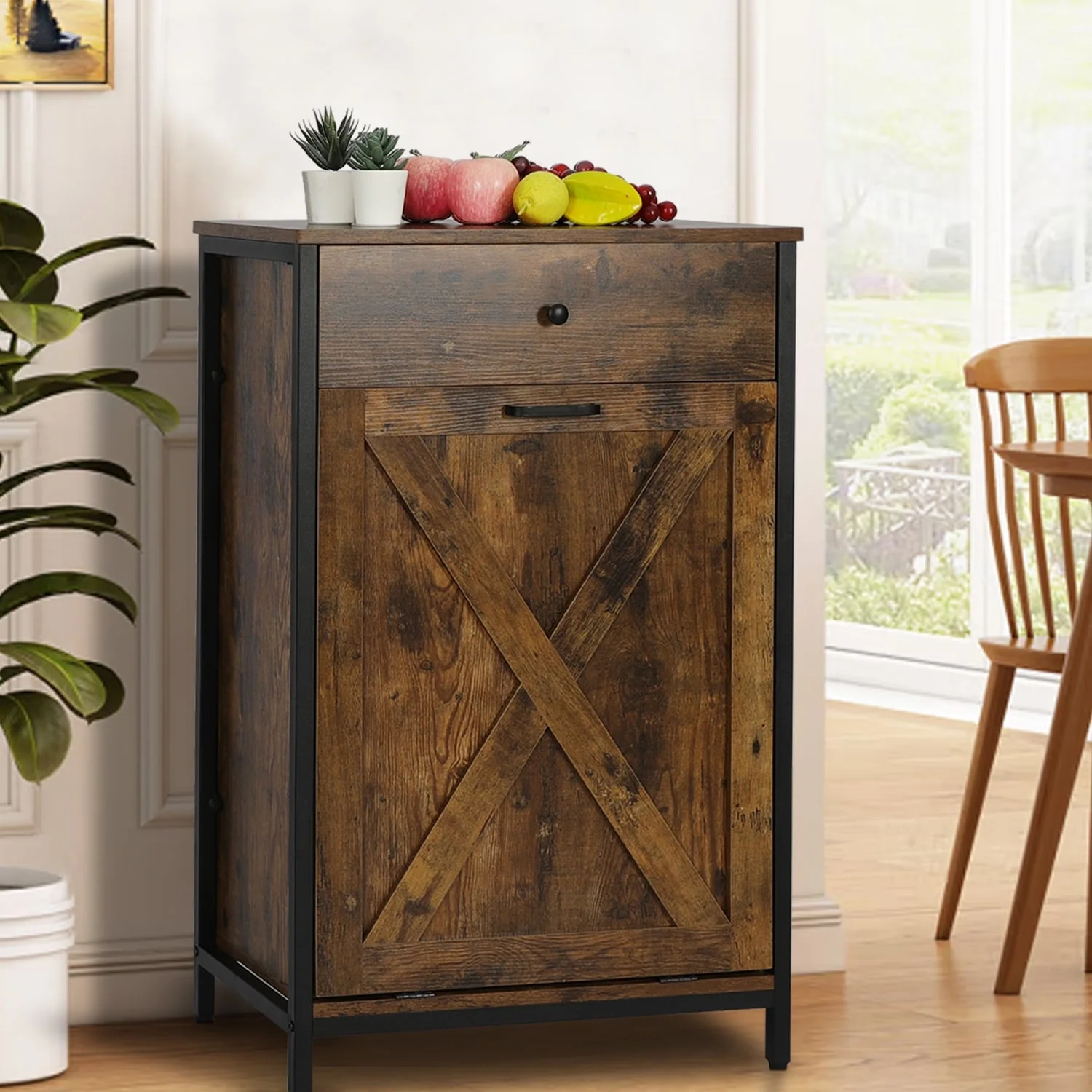 10 Gallon Tilt Out Kitchen Trash Cabinet Trash Can Wooden Tilts Out Hands Laundry Recycling Holder Brown