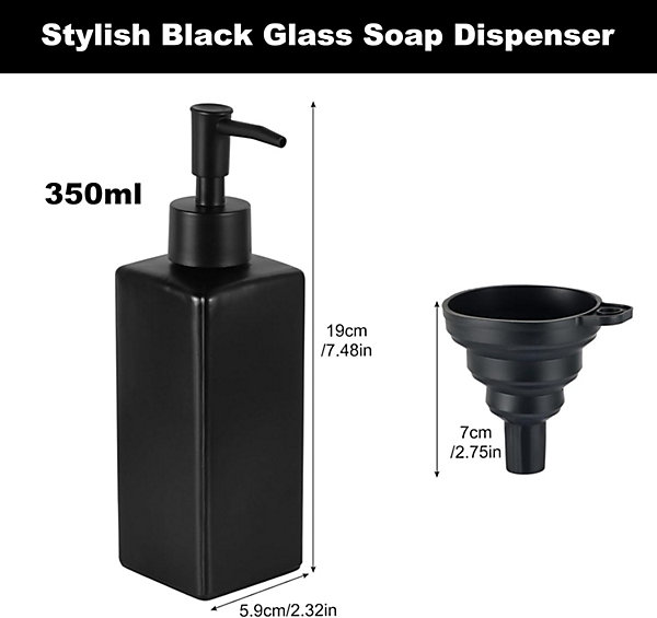 CODEKEY 350ML Distributeur Savon Noir Mat,Bouteille Liquide Vaisselle, Carré Distributeur de Savon en Verre, avec Palettes, étiq
