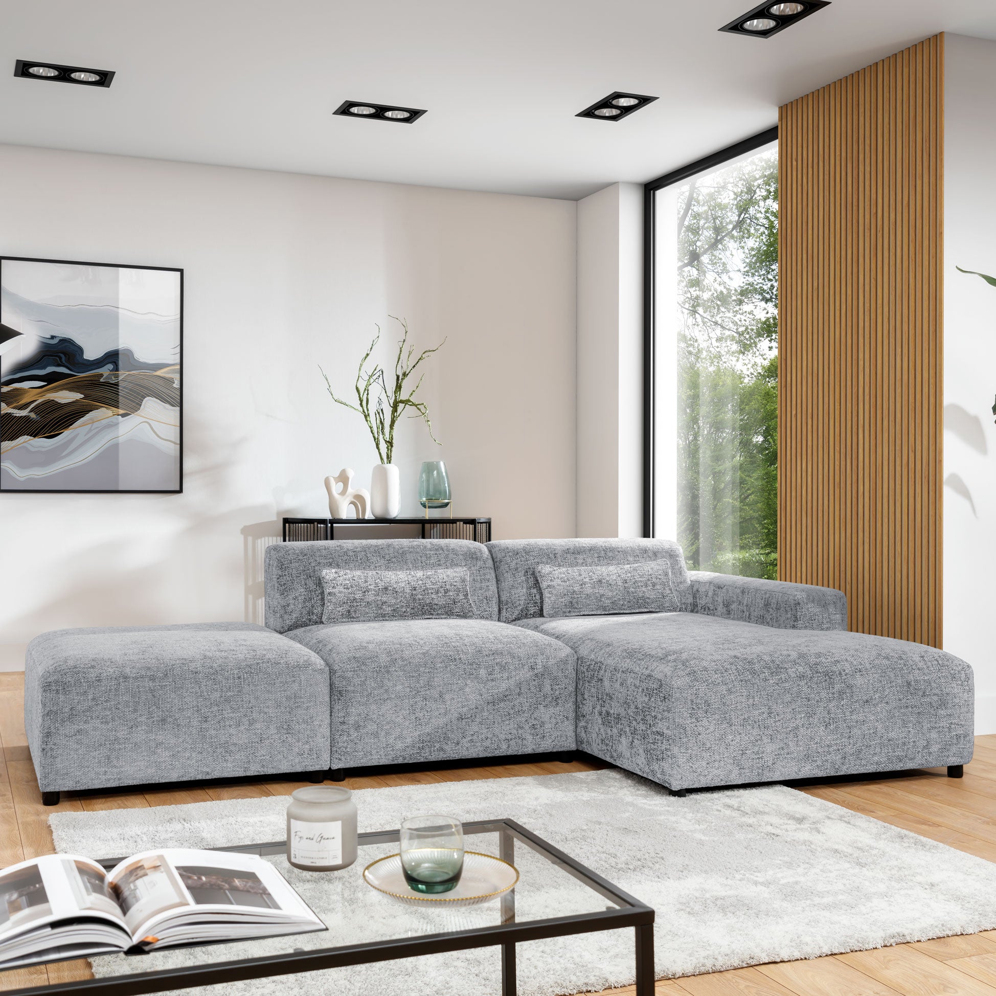 by fonQ Velura Hoekbank Rechts met Hocker - Chenille - Grijs