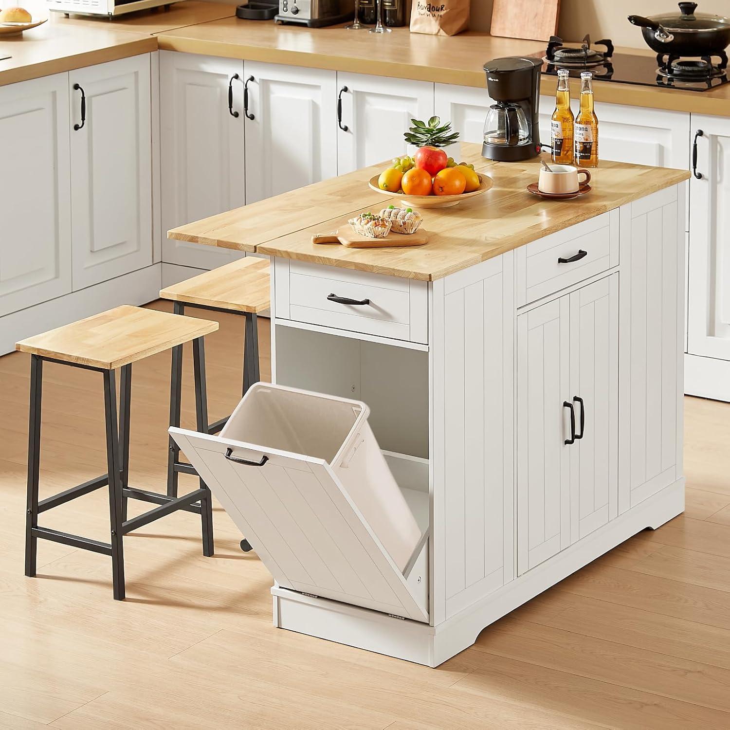 ONBRILL Stationary Kitchen Islands Include 2 Chairs, 47 Kitchen Island with Drop Leaf, Home Bar Table with Spice Rack & with Trash Cabinet, Island Table for Dining Room with Power Outlet, White