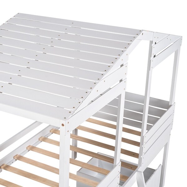 Treehouse Twin Size Low Loft Bed with 2 Storage Boxes, Solid Wood Slats Support, Cabin Lodge style for Kids' Bedroom Funiture