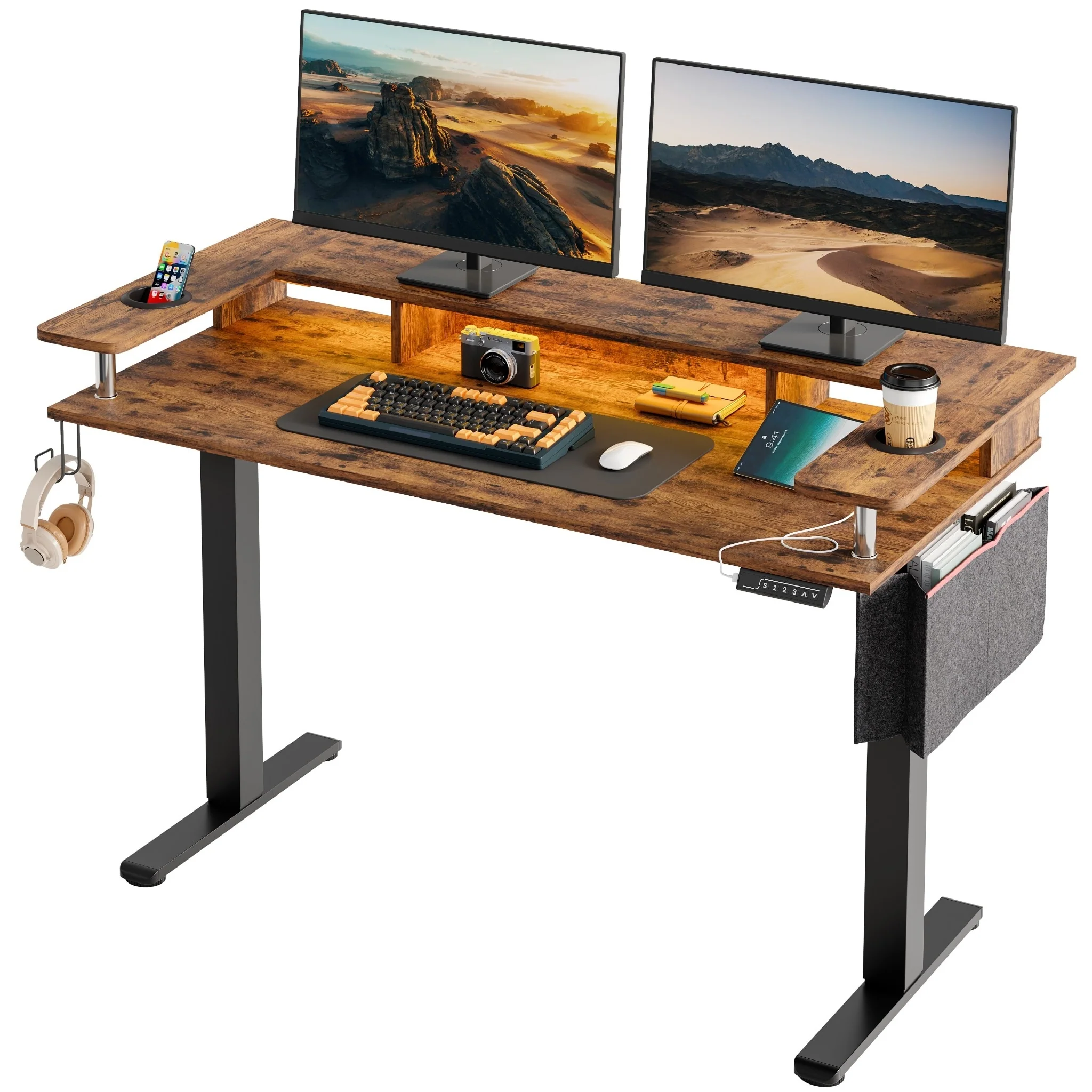 Electric Standing Desk Height Adjustable Computer Desk with Storage and Monitor Stand