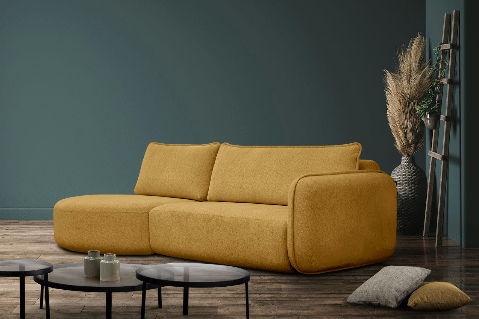 IPSUM - Canapé d'angle gauche 3 places avec l'île tissu jaune