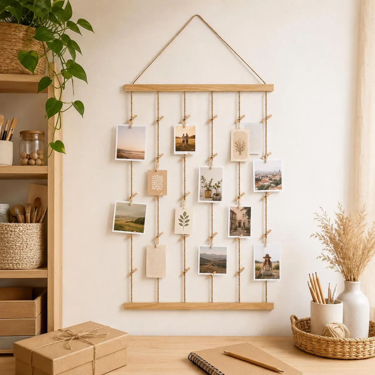 Wooden Photo Display Holder, Boho Scandinavian Wall Decor, Jute Cord Organizer with Pegs