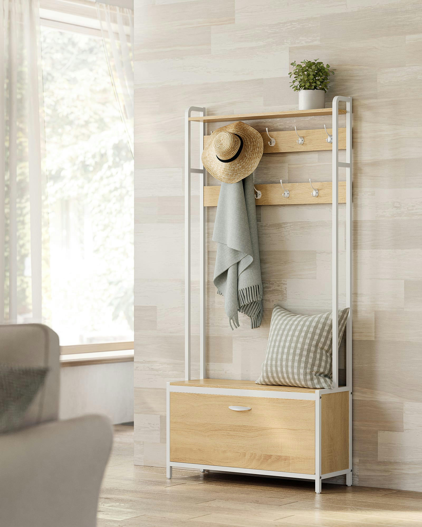 - Meuble d’entrée avec banc  9 crochets et etagère chêne et blanc