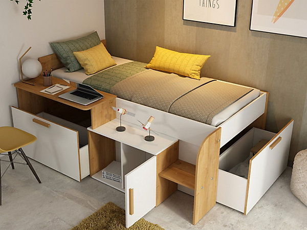 Lit combiné 90 x 200 cm avec bureau et rangements - Coloris : Blanc et naturel - PEDRO